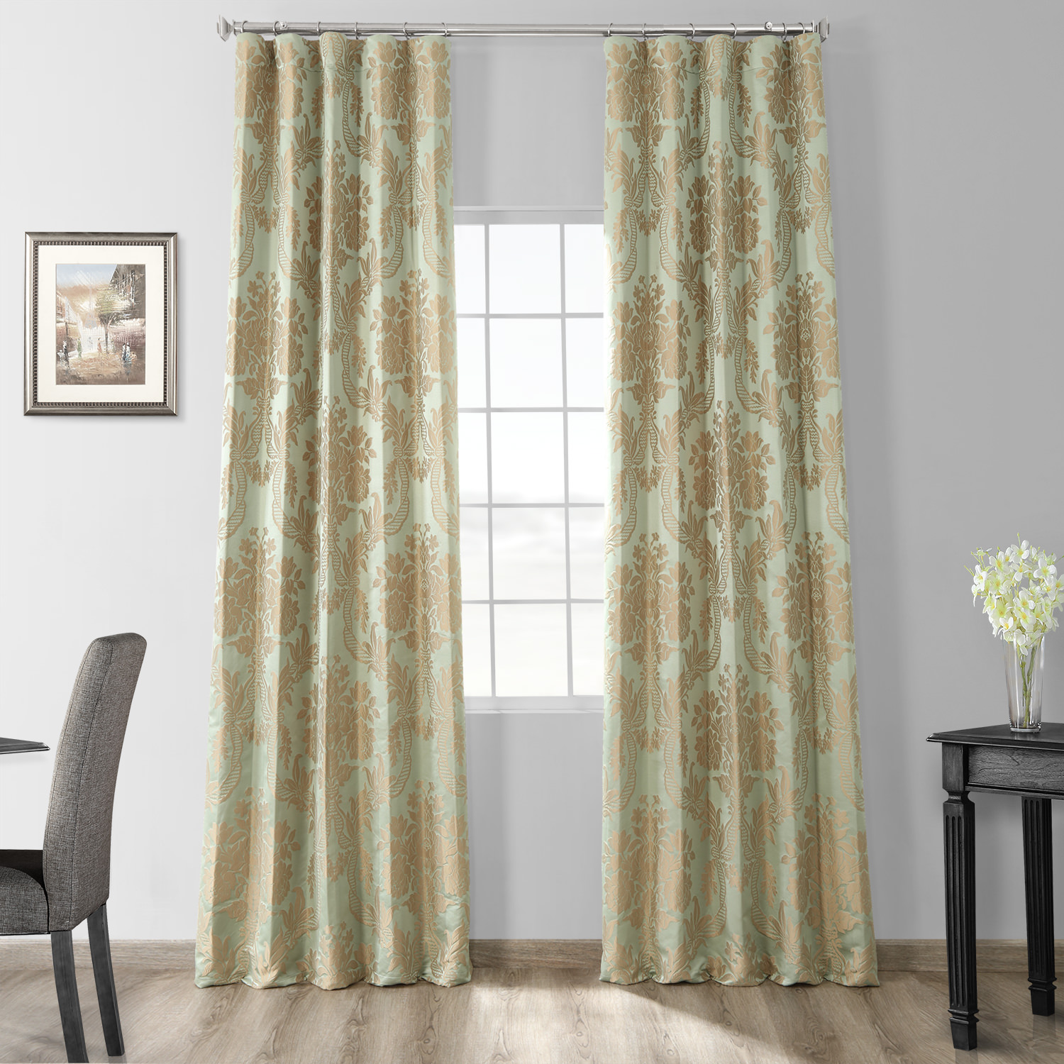 Magdelena Jade &amp; Gold Designer Damask Curtain