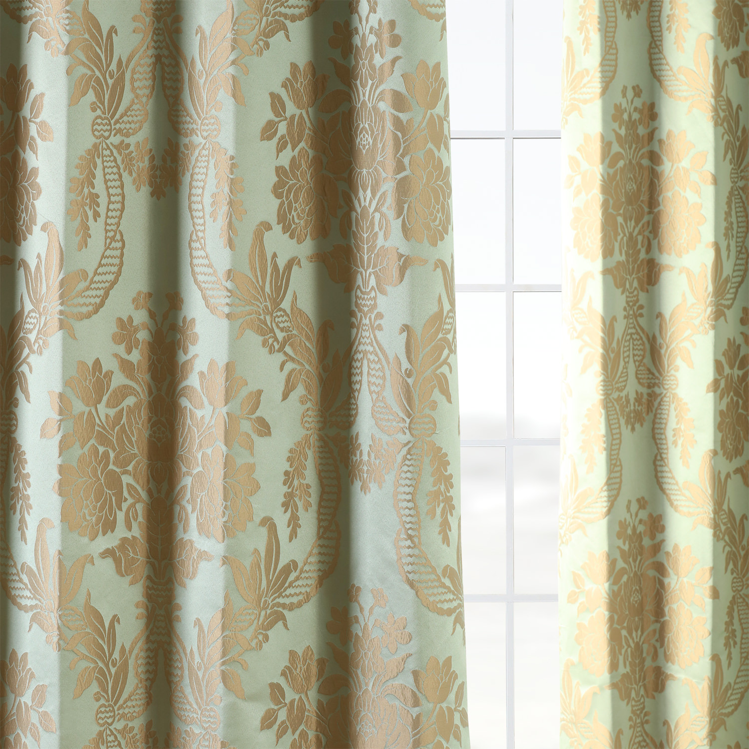 Magdelena Jade & Gold Designer Damask Curtain