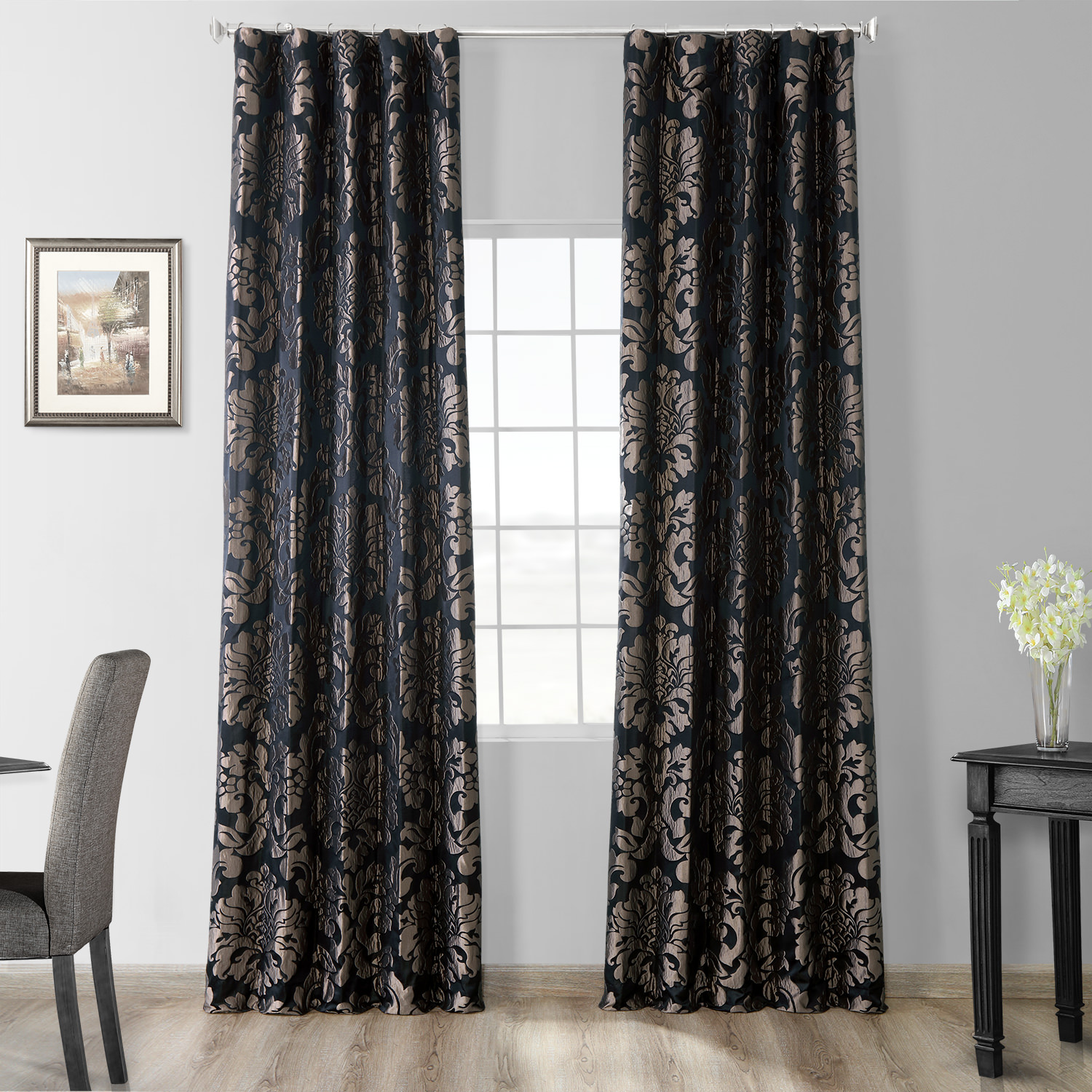 Astoria Black &amp; Grey Designer Damask Curtain