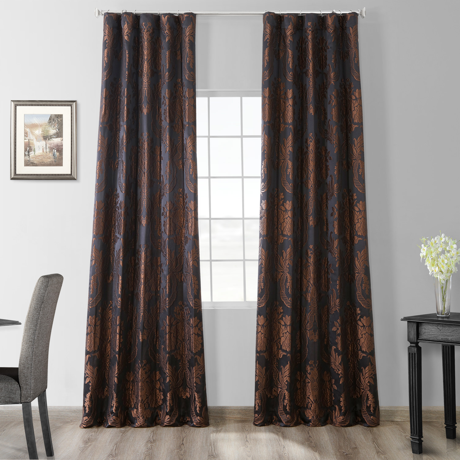 Magdelena Black &amp; Cognac Designer Damask Curtain