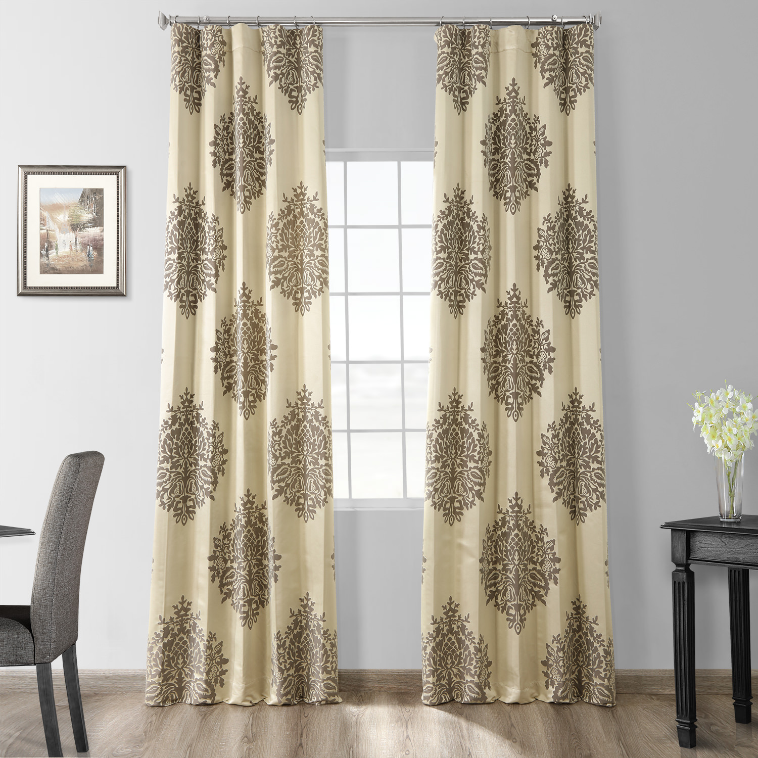 Ellaria Silver &amp; Ivory Designer Damask Curtain