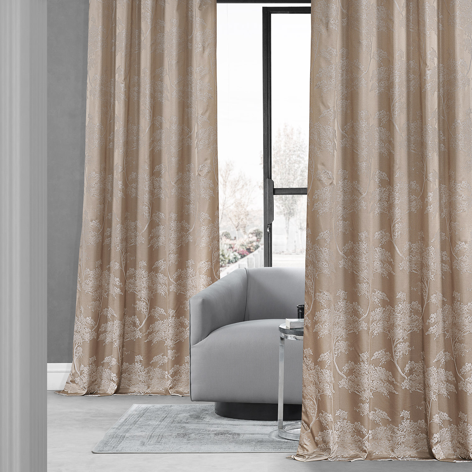 Sequoia Sand Beige Faux Silk Jacquard Curtain