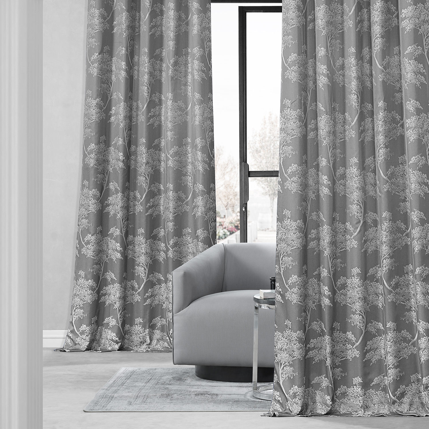 Sequoia Silver Grey Faux Silk Jacquard Curtain