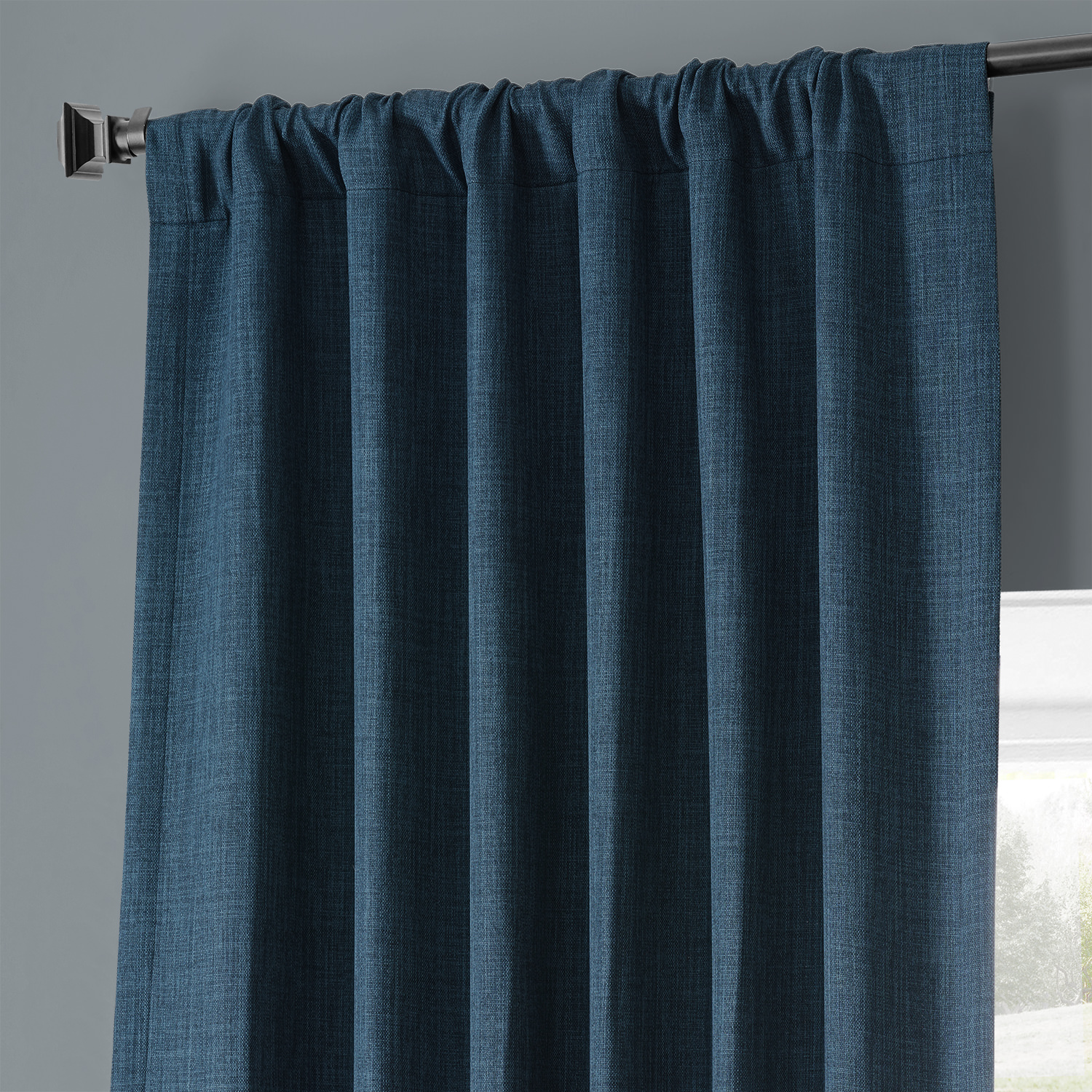 Lake Blue Monochromatic Faux Linen Room Darkening Curtain Pair (2 Panels)