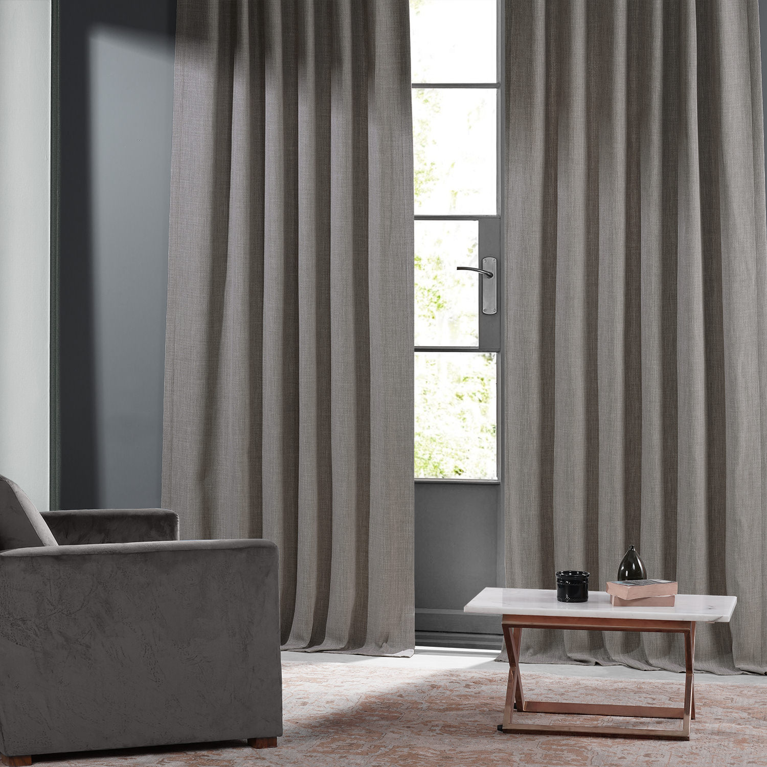 Warm Stone Grey Monochromatic Faux Linen Room Darkening Curtain Pair (2 Panels)