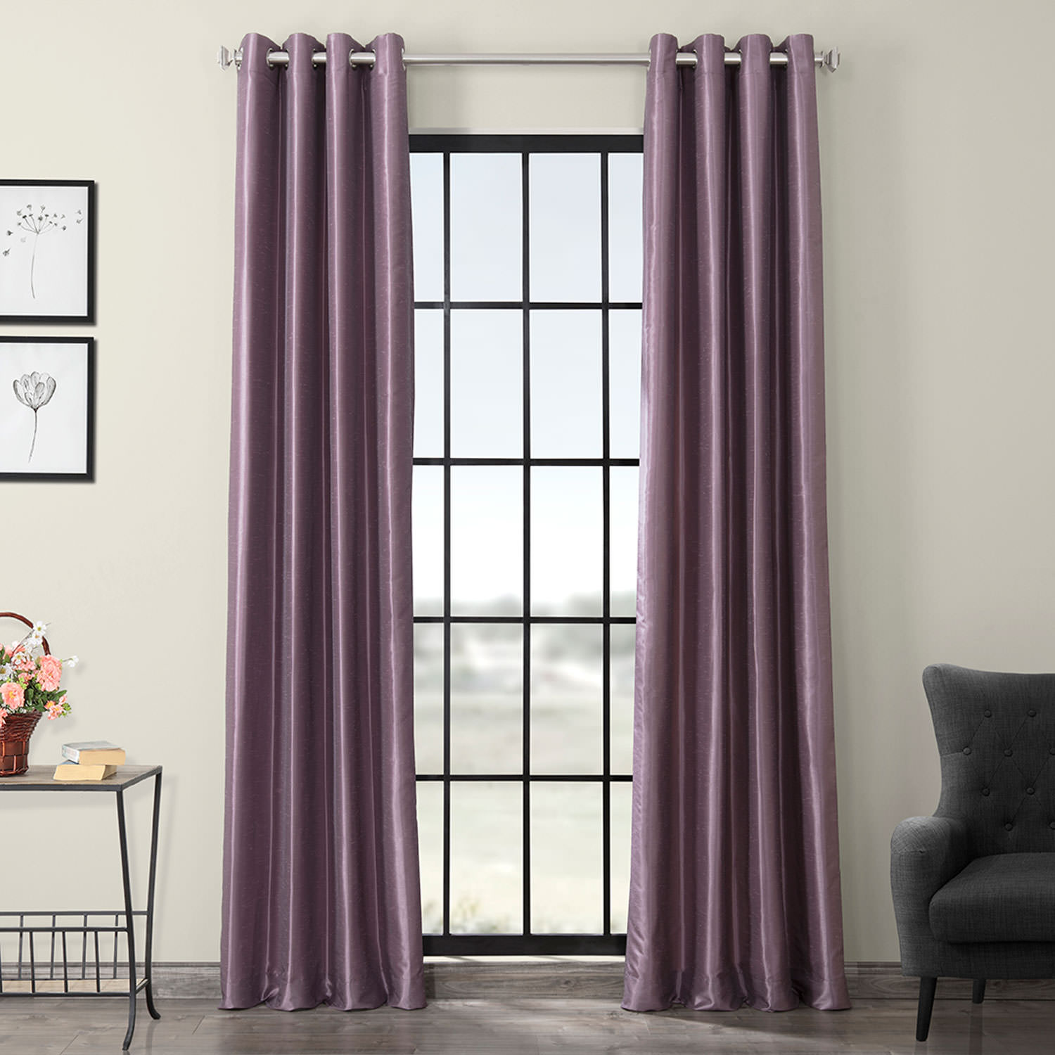 Smokey Plum Grommet Blackout Vintage Textured Faux Dupioni Silk Curtain