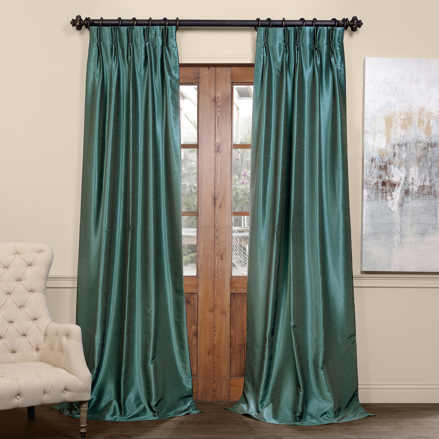 Peacock Blackout Vintage Textured Faux Dupioni Pleated Curtain