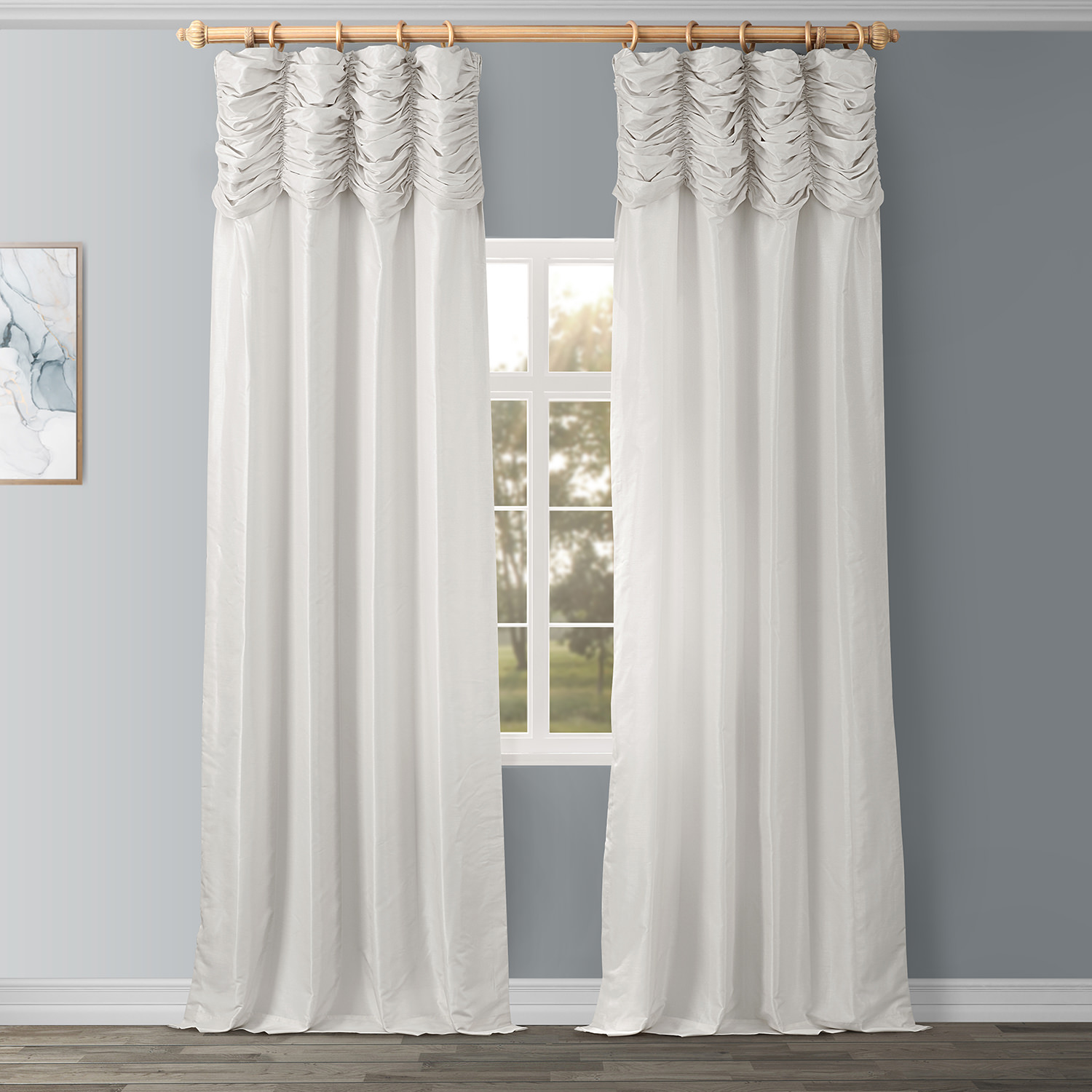 Off White Ruched Vintage Textured Faux Dupioni Silk Curtain