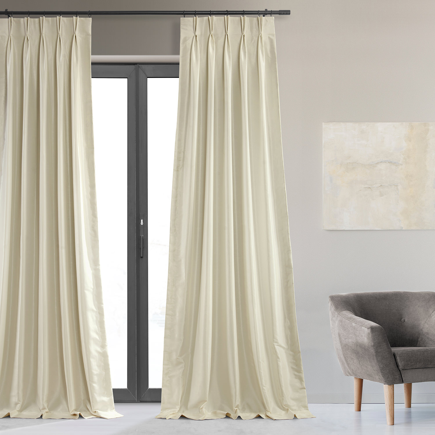 Off White Blackout Vintage Textured Faux Dupioni Pleated Curtain