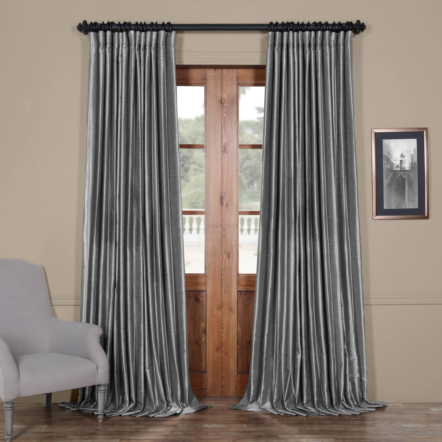 Storm Grey Blackout Extra Wide Vintage Textured Faux Dupioni Curtain