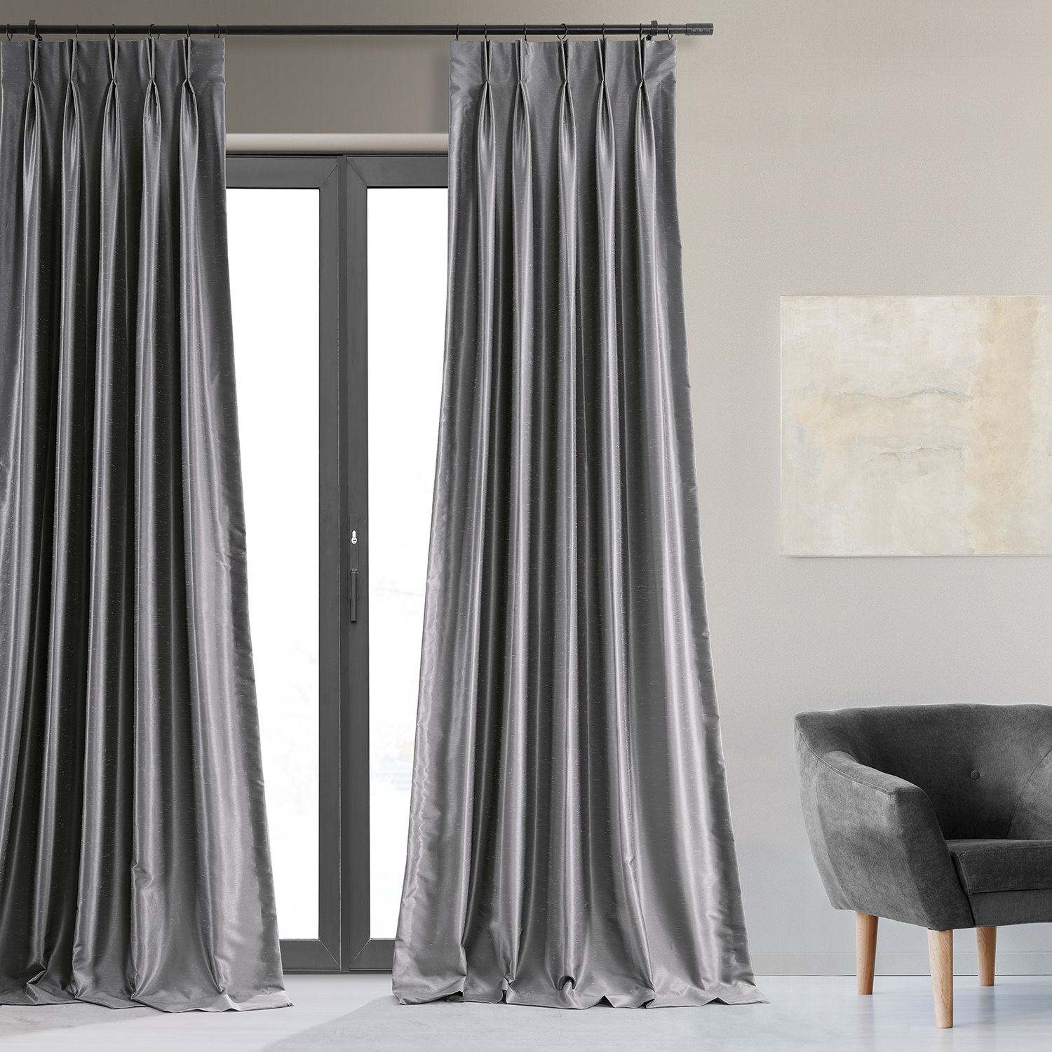 Storm Grey Blackout Vintage Textured Faux Dupioni Pleated Curtain