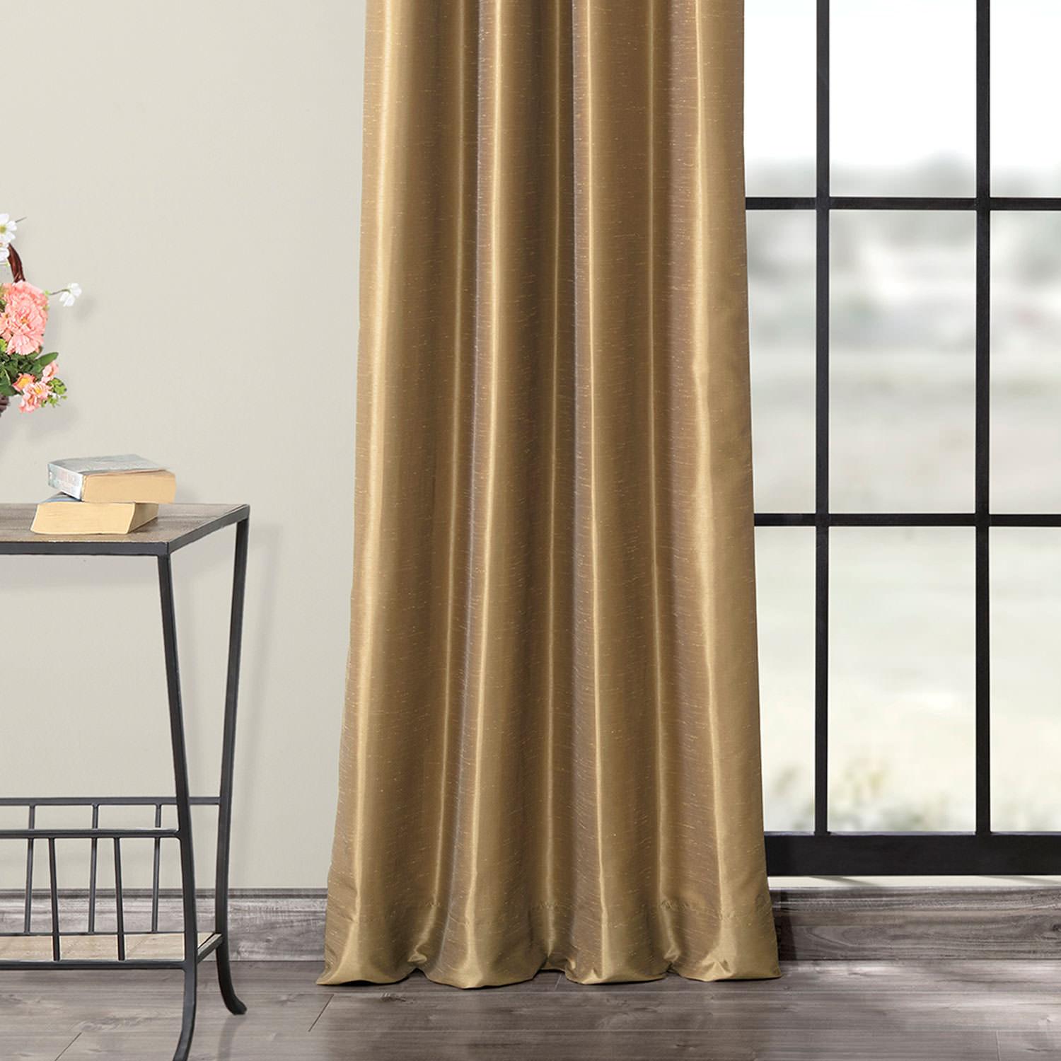 Flax Gold Grommet Blackout Vintage Textured Faux Dupioni Silk Curtain