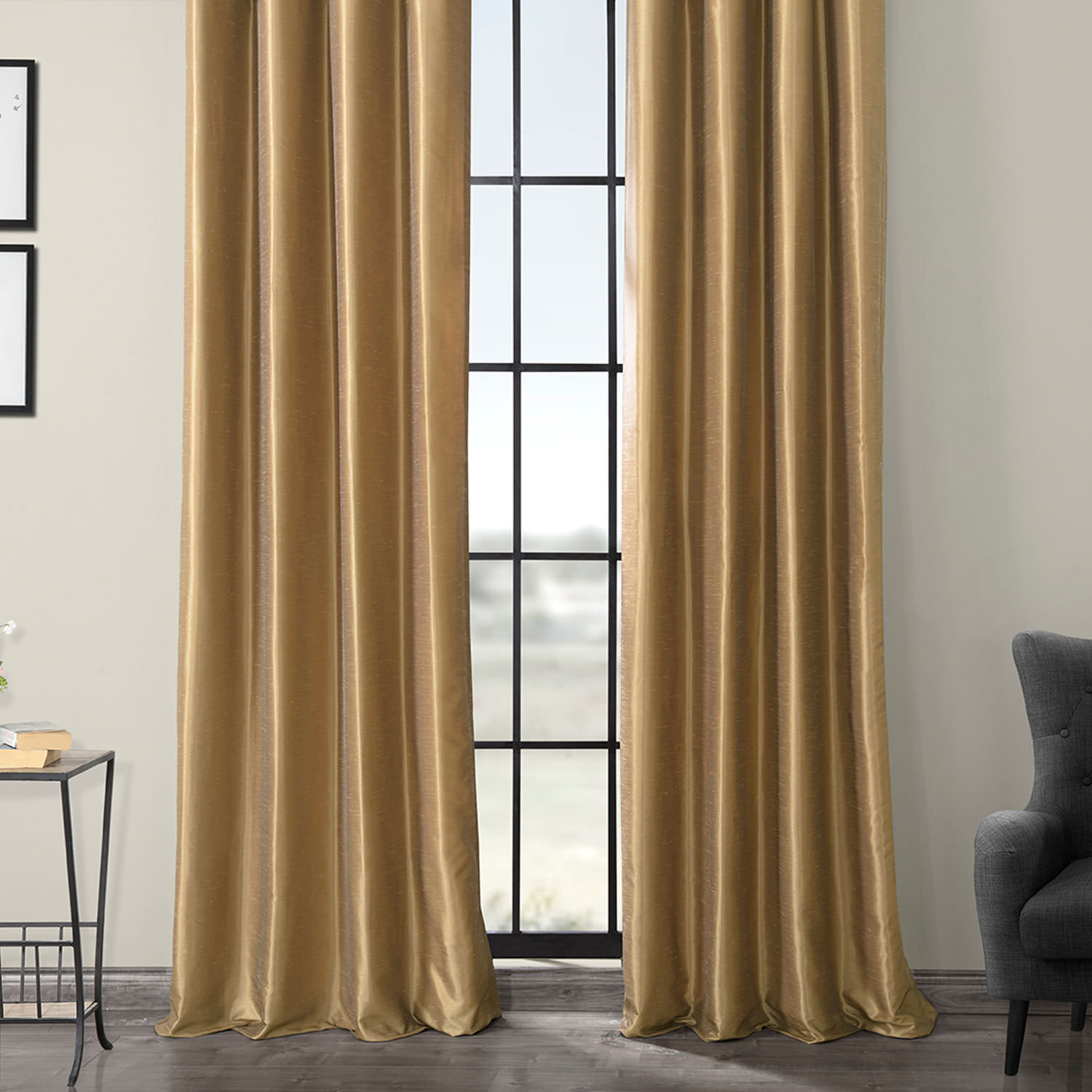 Flax Gold Grommet Blackout Vintage Textured Faux Dupioni Silk Curtain