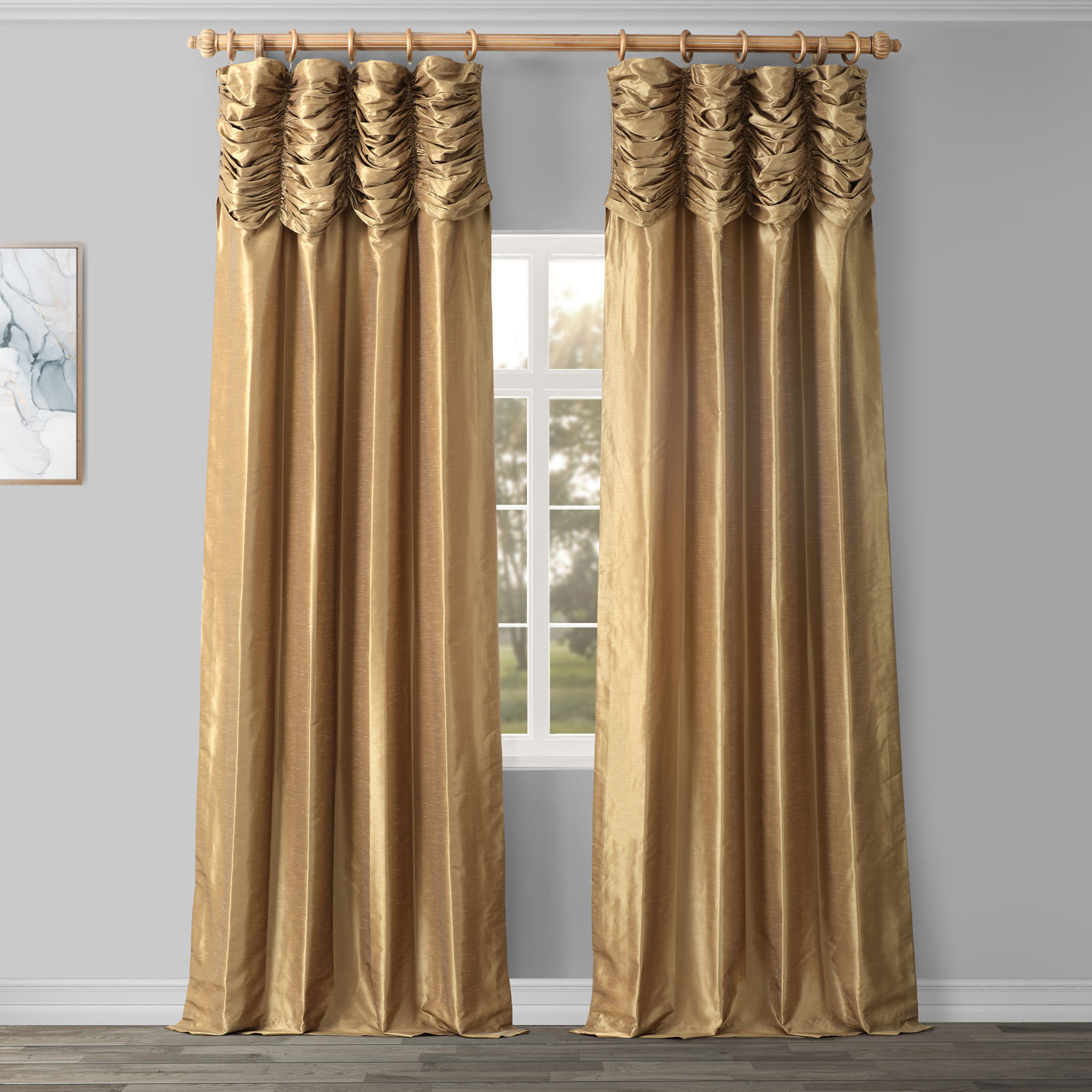 Flax Gold Ruched Vintage Textured Faux Dupioni Silk Curtain