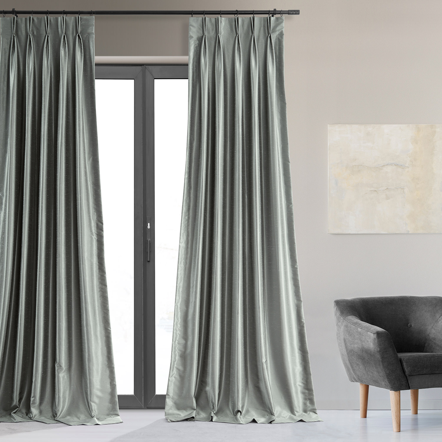 Silver Blackout Vintage Textured Faux Dupioni Pleated Curtain