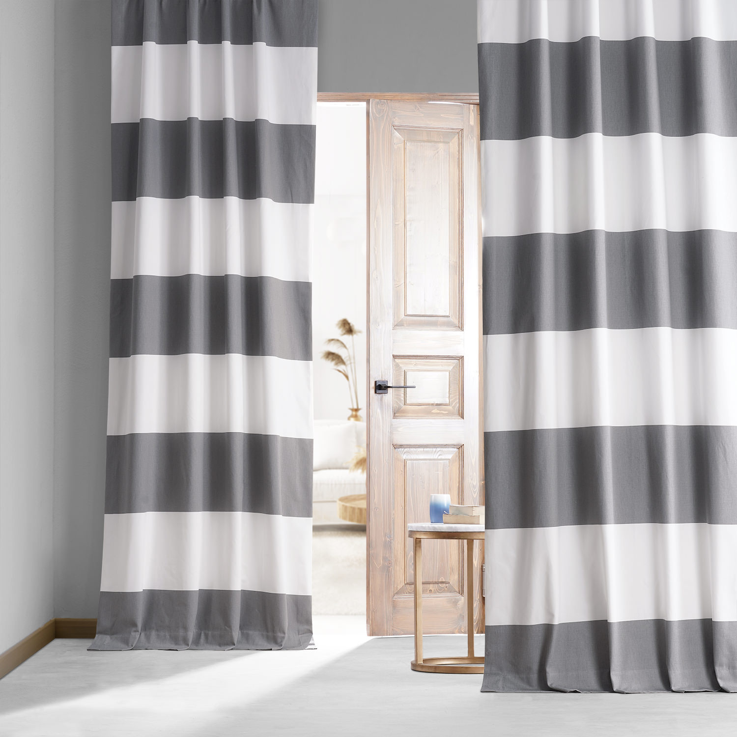 Slate Grey &amp; Off White Horizontal Stripe Cotton Hotel Blackout Curtain