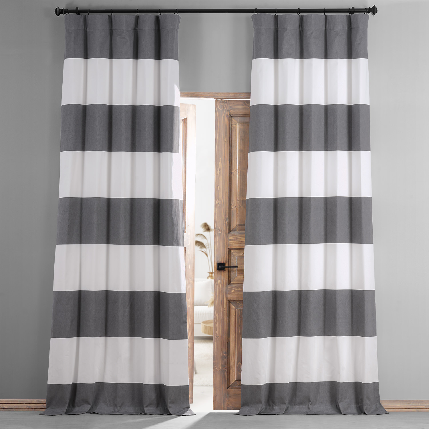 Slate Grey & Off White Horizontal Stripe Cotton Hotel Blackout Curtain