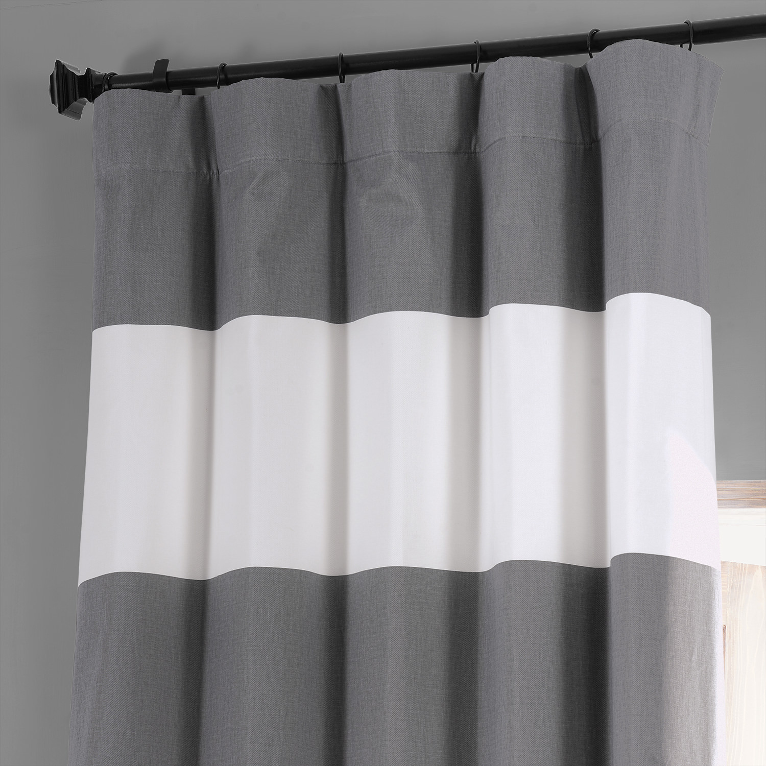 Slate Grey & Off White Horizontal Stripe Cotton Hotel Blackout Curtain