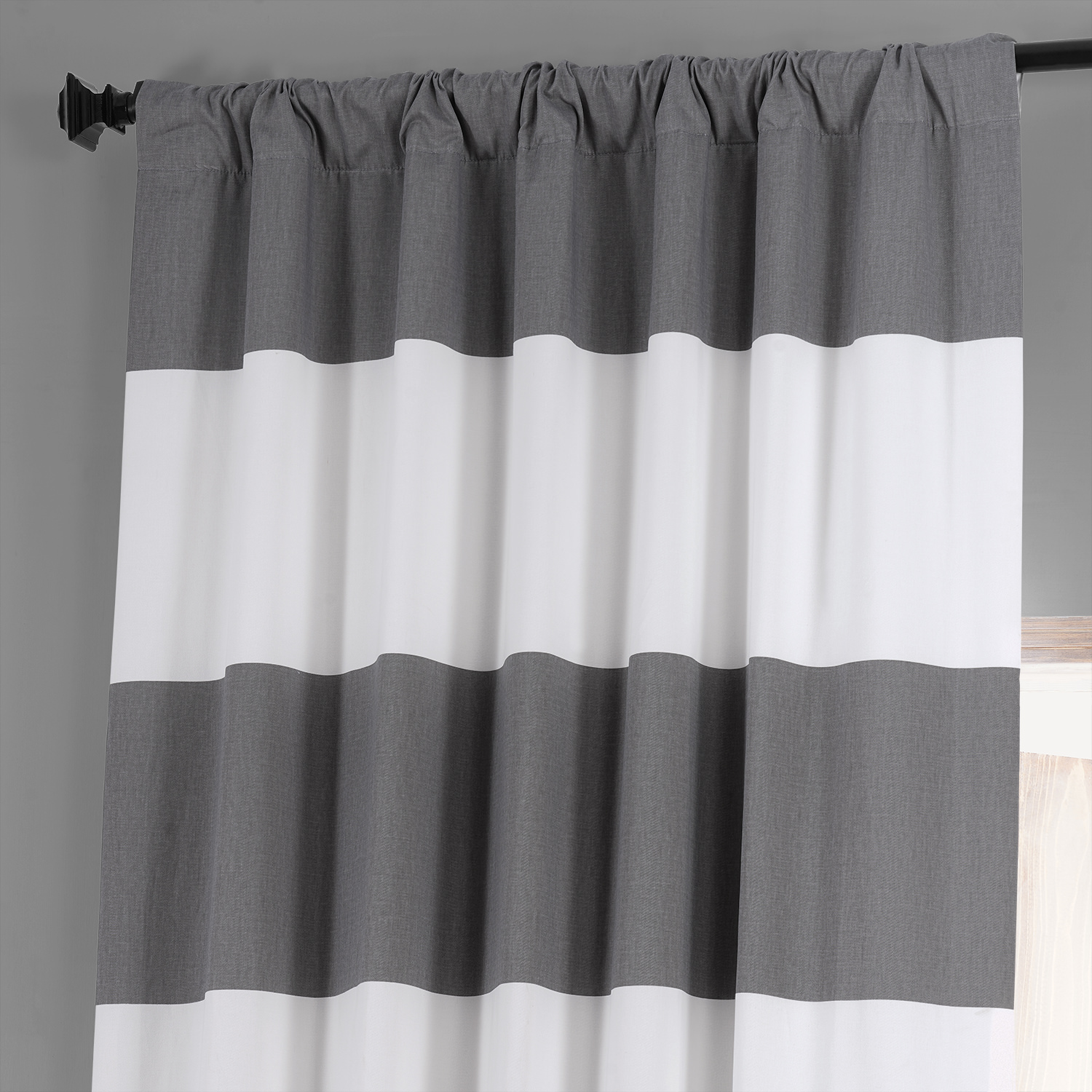 Slate Grey & Off White Horizontal Stripe Cotton Hotel Blackout Curtain