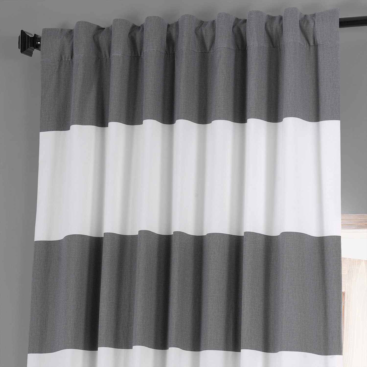 Slate Grey & Off White Horizontal Stripe Cotton Hotel Blackout Curtain