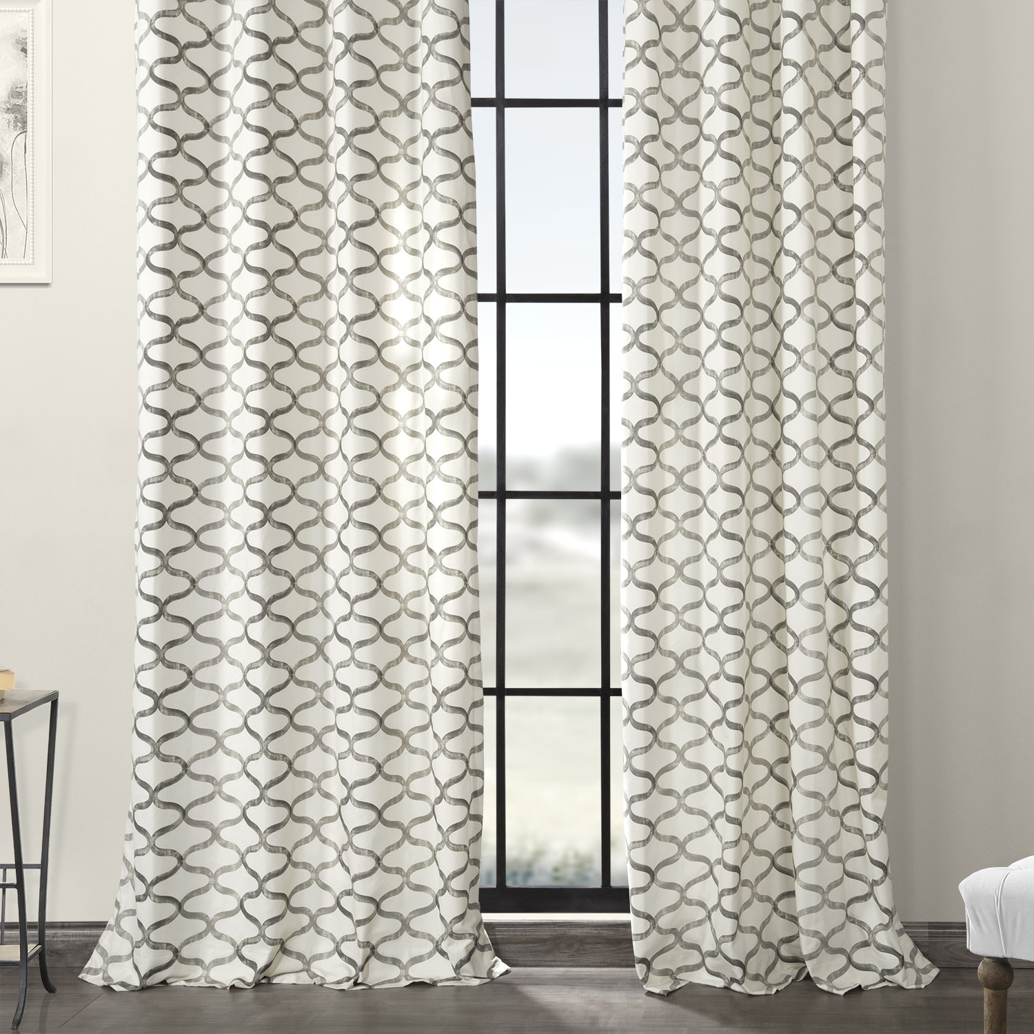 Illusions Silver Grey Grommet Printed Cotton Curtain