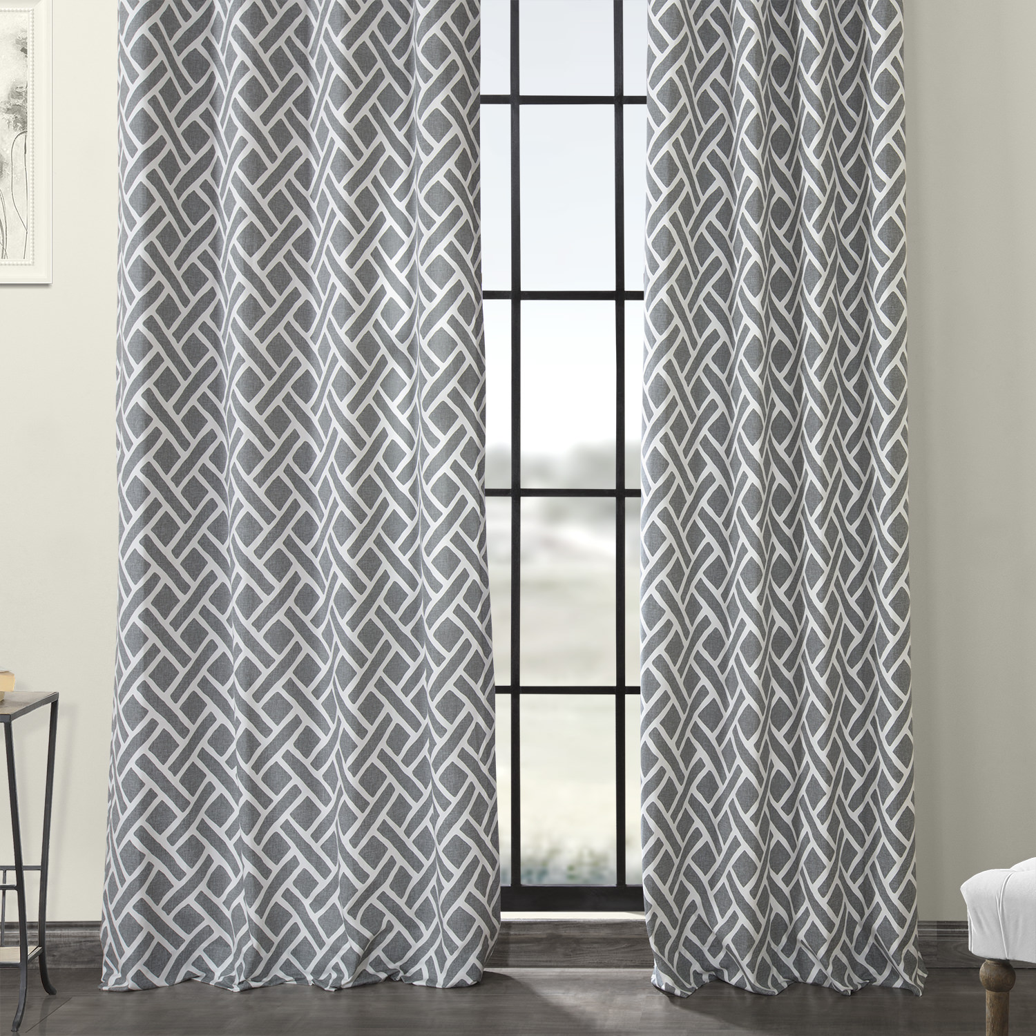 Martinique Grey Grommet Printed Cotton Curtain