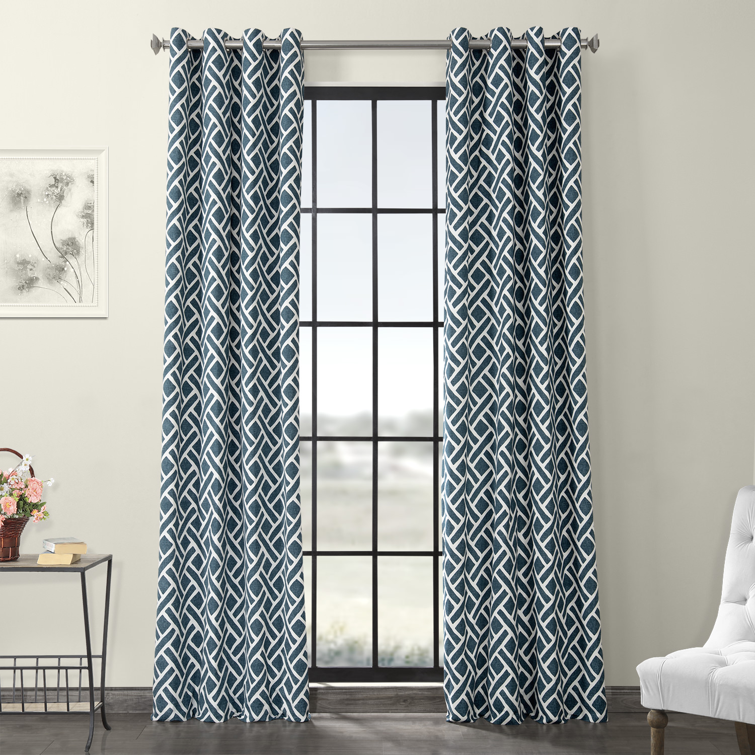 Martinique Blue Grommet Printed Cotton Curtain