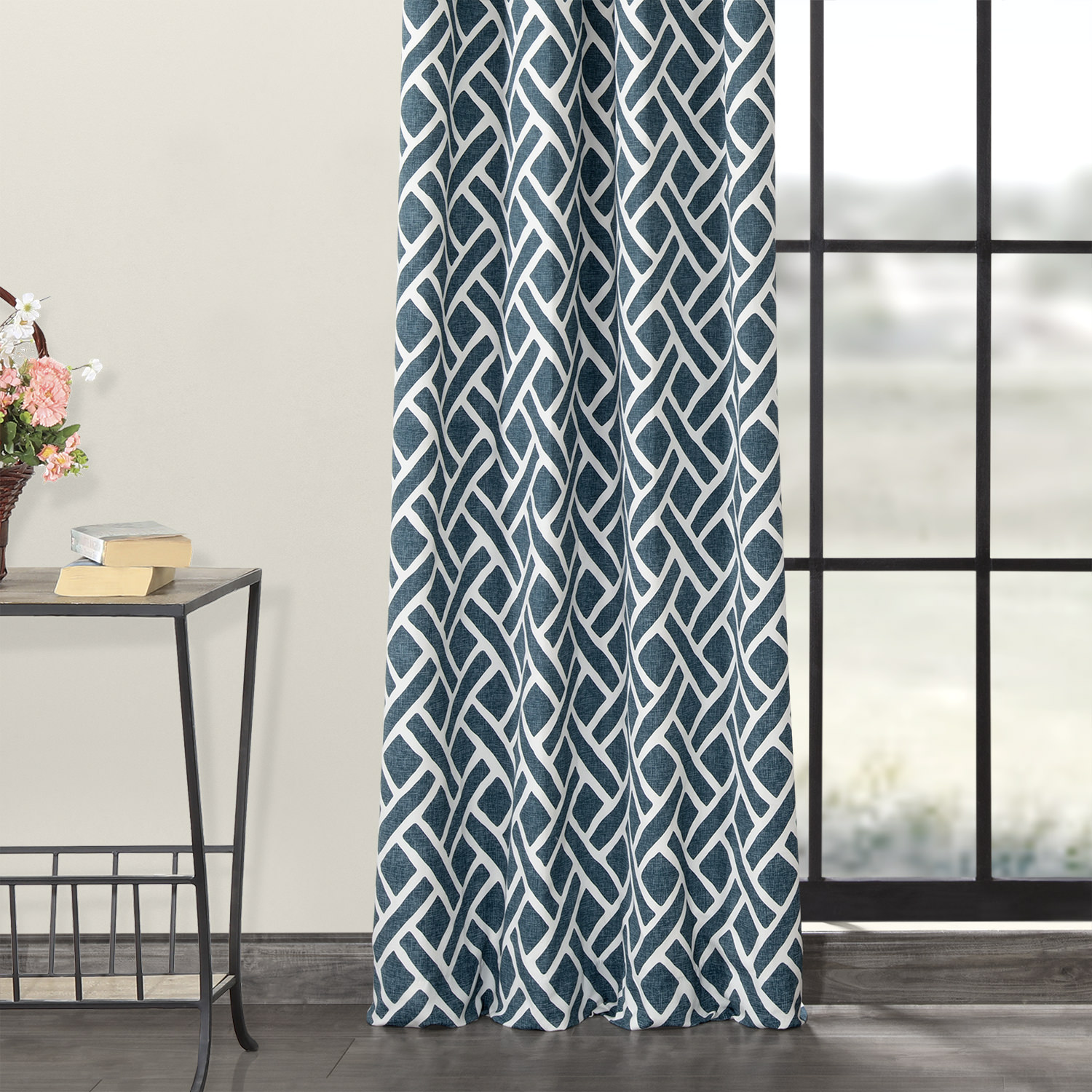 Martinique Blue Grommet Printed Cotton Curtain