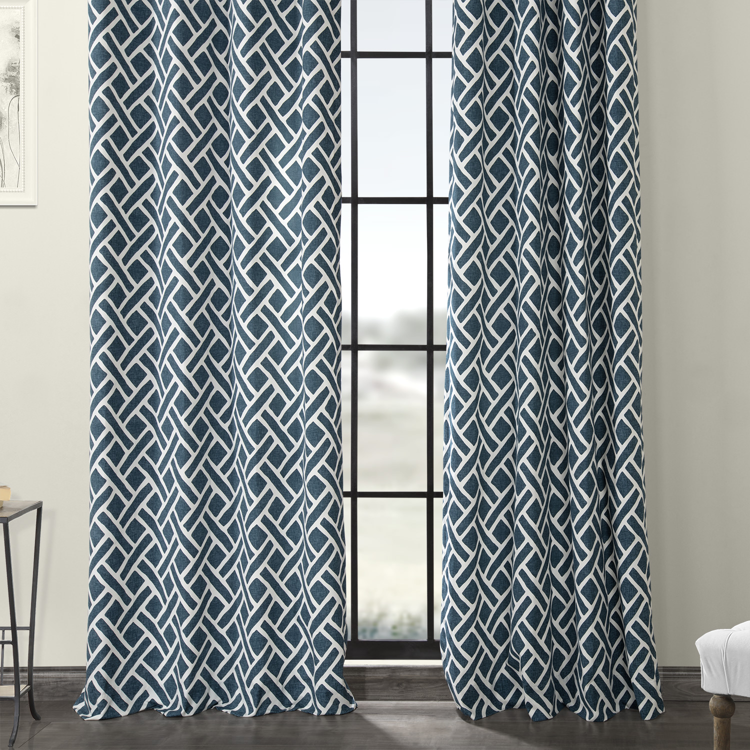 Martinique Blue Grommet Printed Cotton Curtain