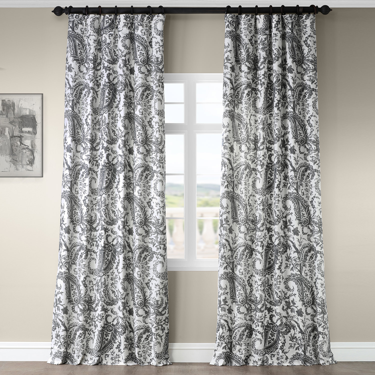 Edina Washed Grey Printed Cotton Curtain