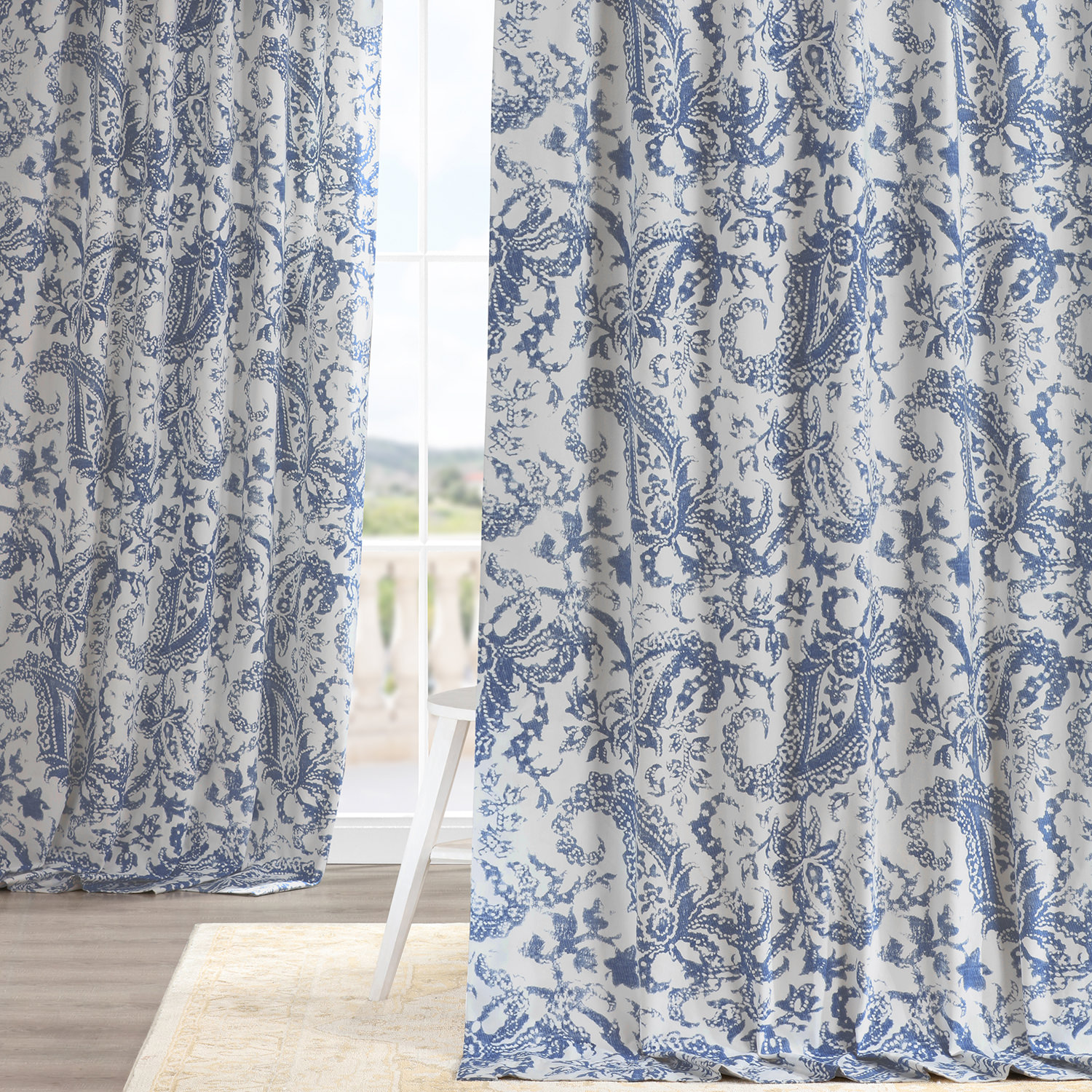 Edina Washed Blue Printed Cotton Curtain