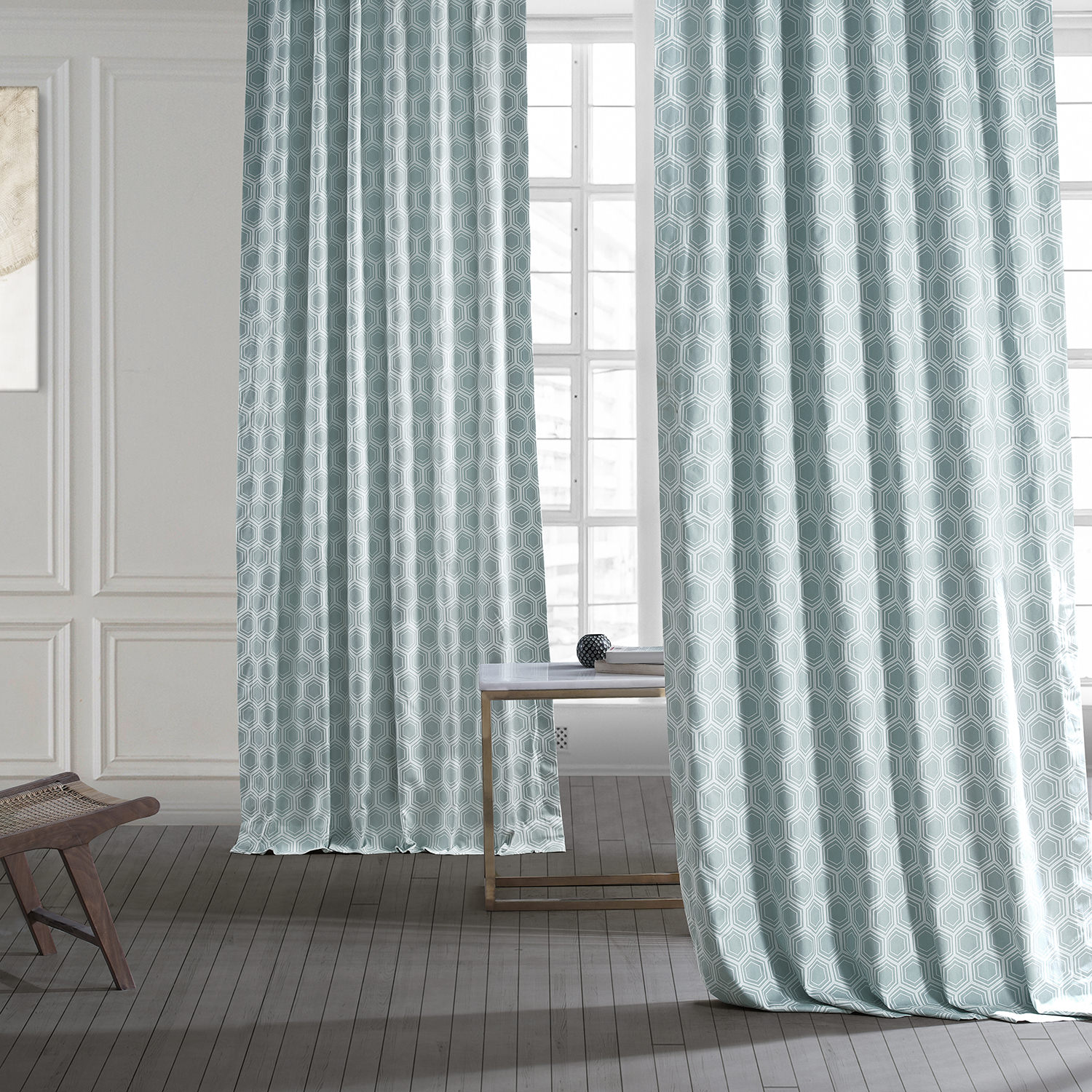 Honeycomb Ripple Aqua Printed Cotton Curtain