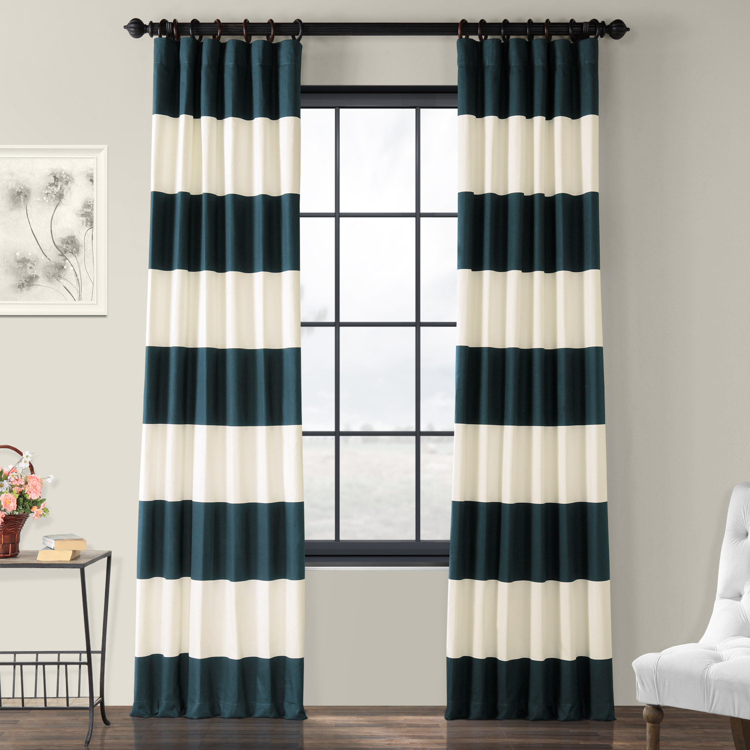 Dusk Blue &amp; Off White Horizontal Stripe Curtain