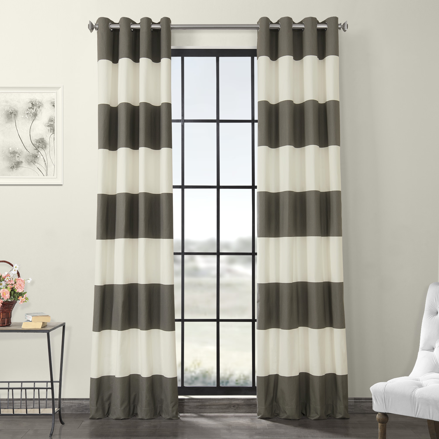 Slate Grey &amp; Off White Horizontal Grommet Stripe Cotton Curtain