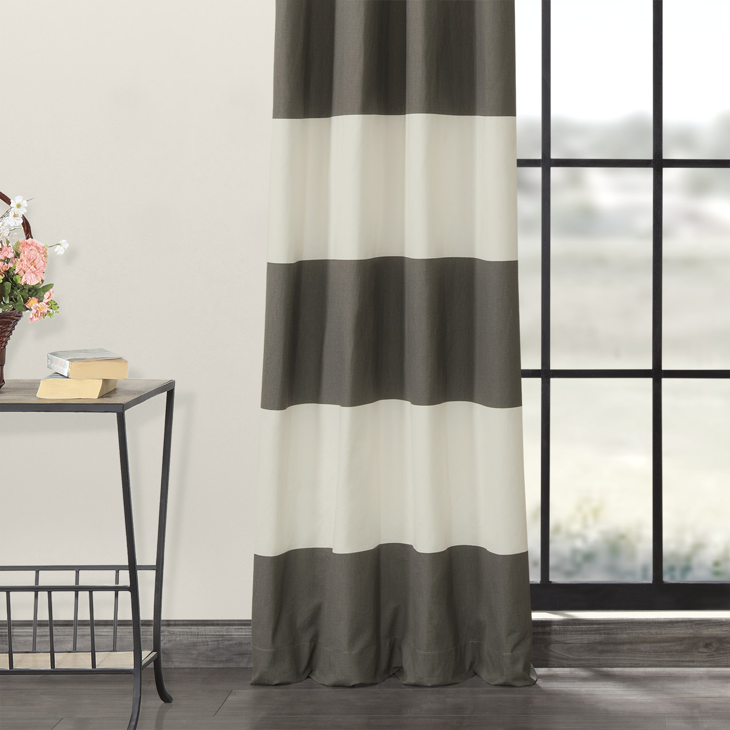 Slate Grey & Off White Horizontal Grommet Stripe Cotton Curtain