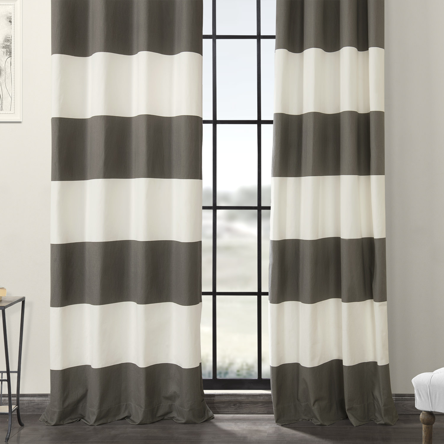 Slate Grey & Off White Horizontal Grommet Stripe Cotton Curtain