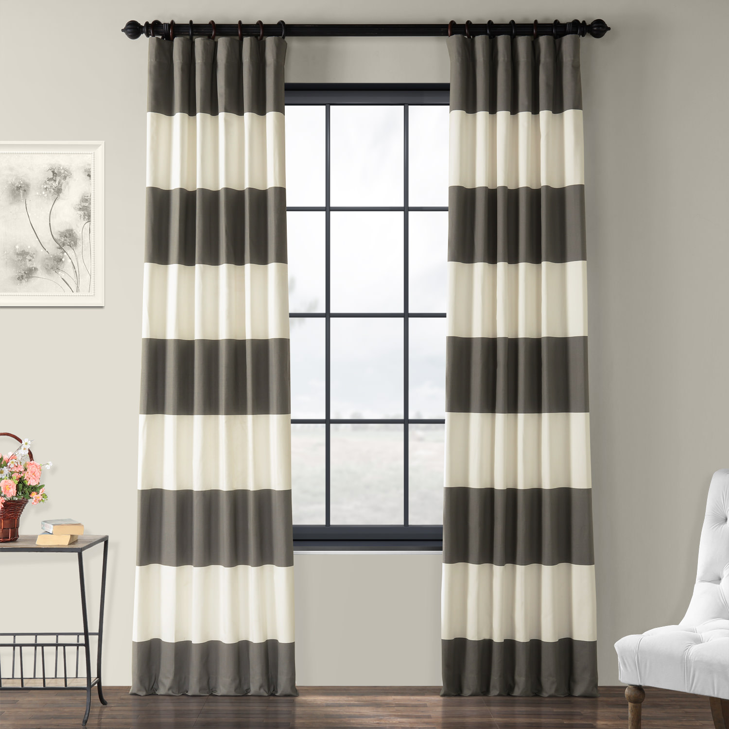 Slate Grey & Off White Horizontal Stripe Curtain