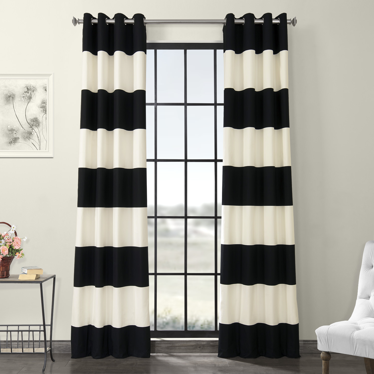 Onyx Black &amp; OffWhite Horizontal Grommet Stripe Cotton Curtain