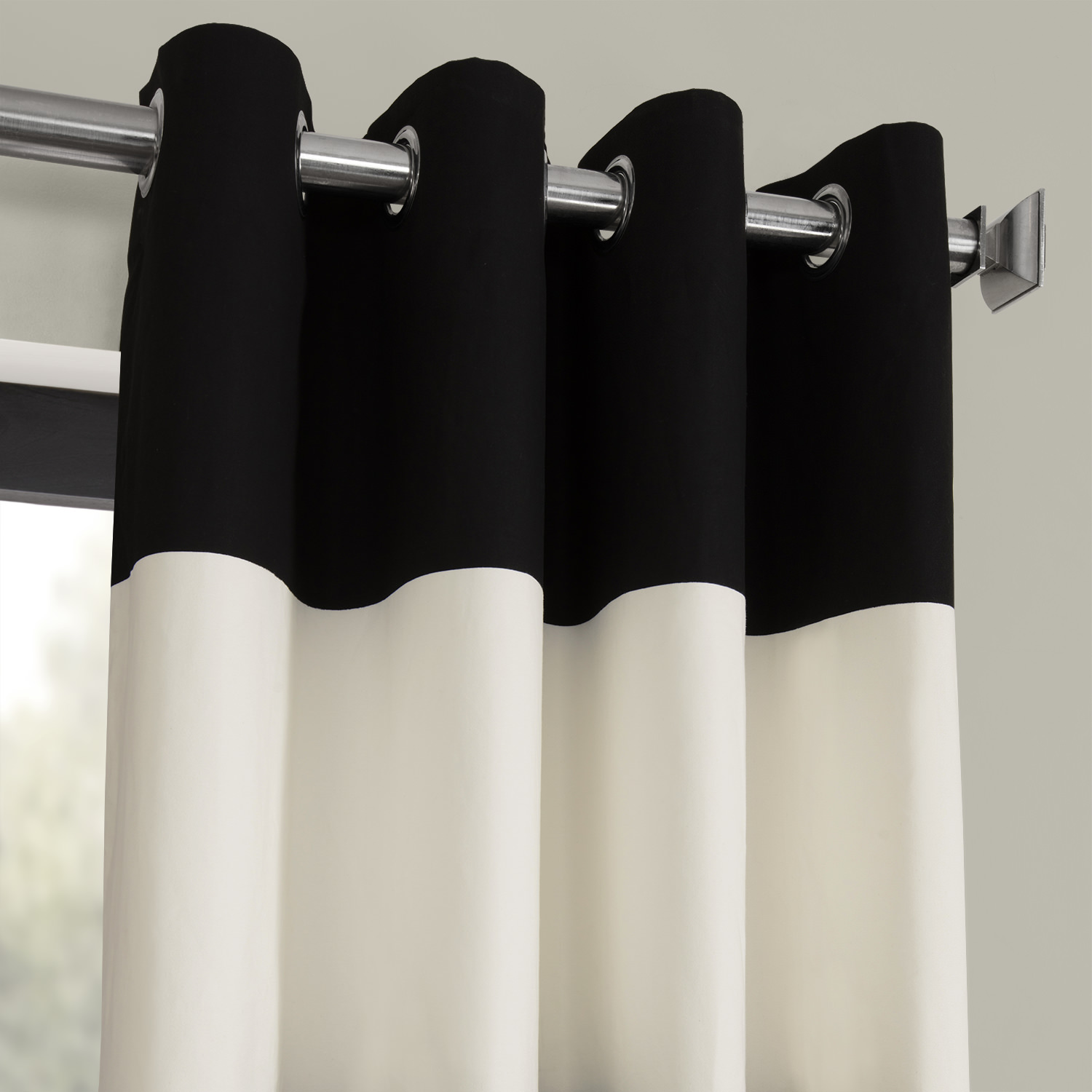 Onyx Black & OffWhite Horizontal Grommet Stripe Cotton Curtain