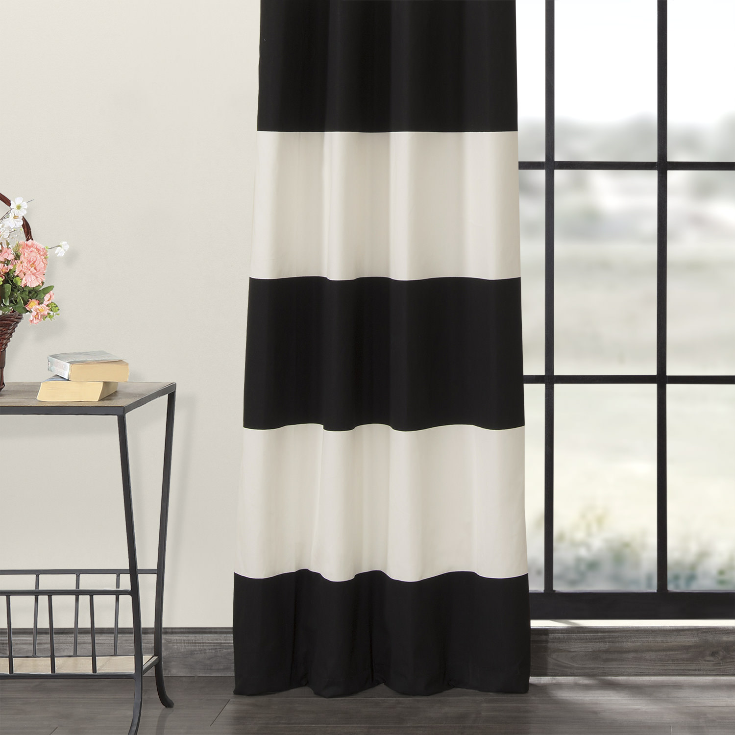 Onyx Black & OffWhite Horizontal Grommet Stripe Cotton Curtain