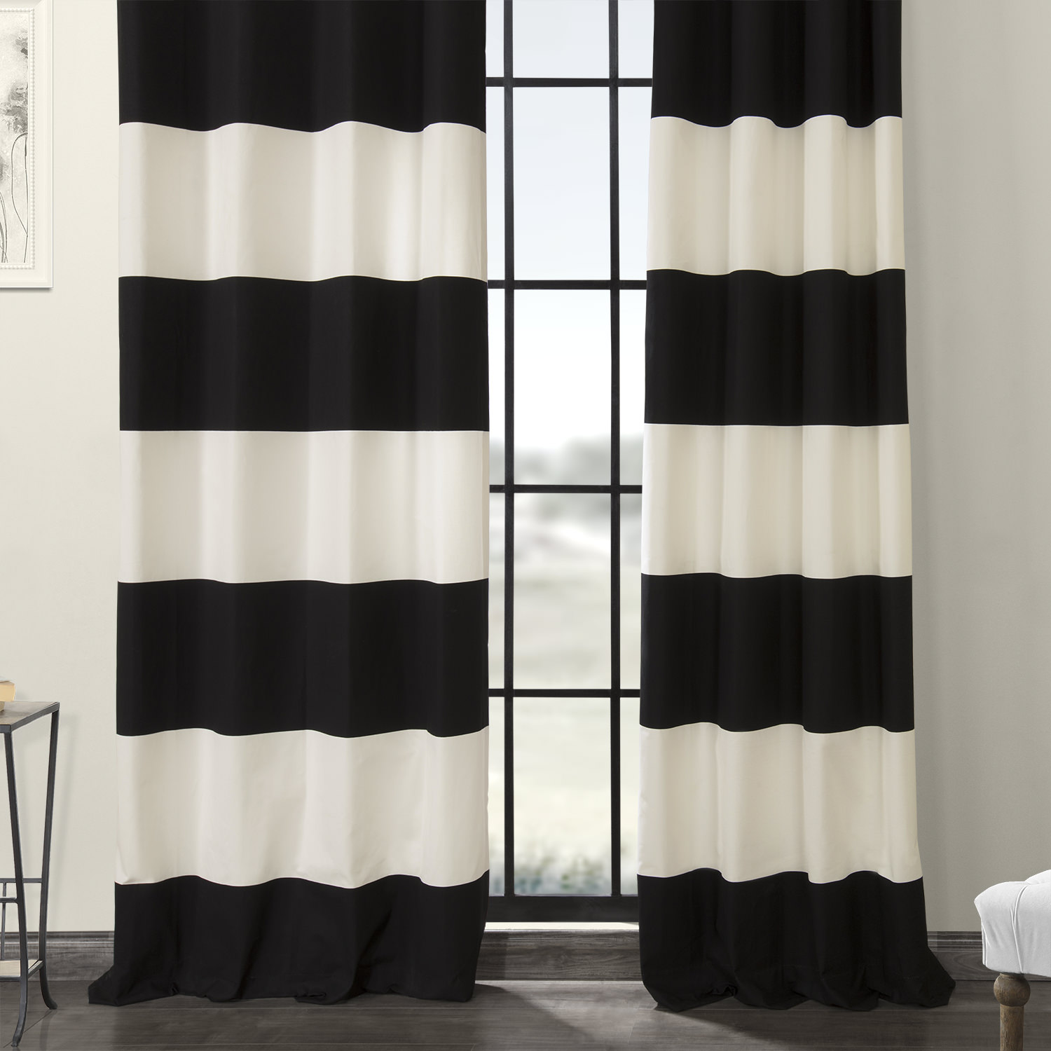 Onyx Black & OffWhite Horizontal Grommet Stripe Cotton Curtain