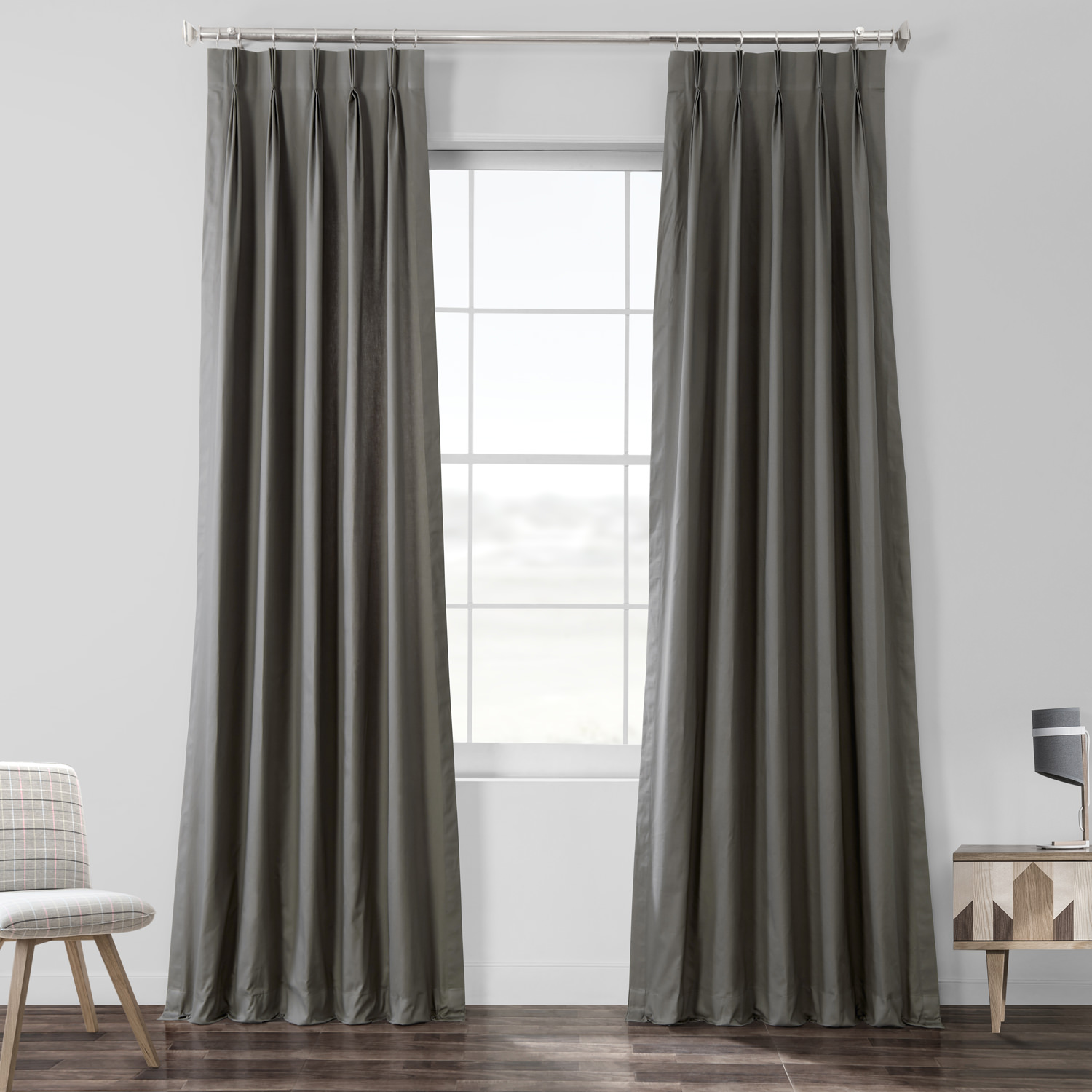 Millstone Gray Solid Cotton Pleated Curtain