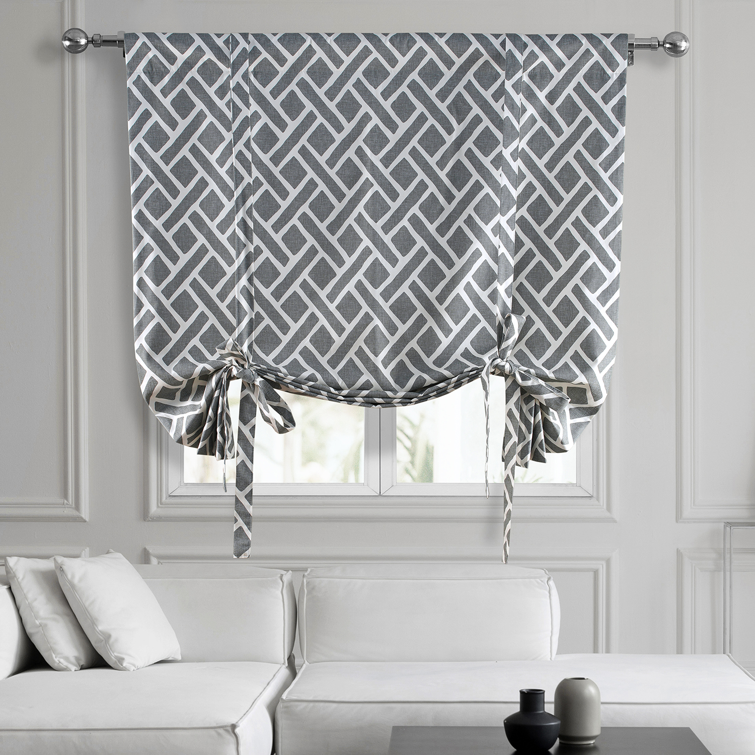 Martinique Grey Printed Cotton Tie-Up Window Shade