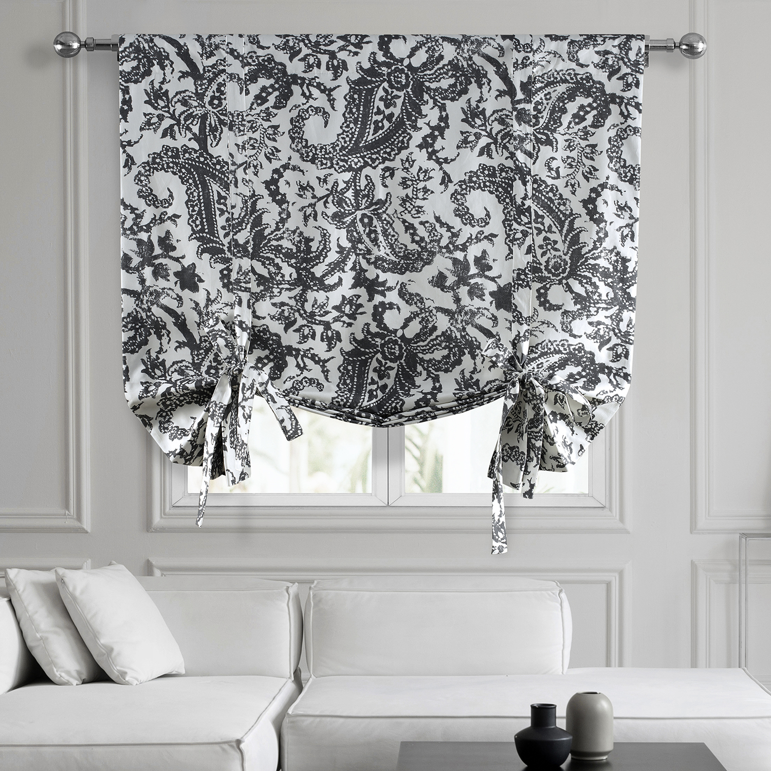 Edina Gray Printed Cotton Tie-Up Window Shade