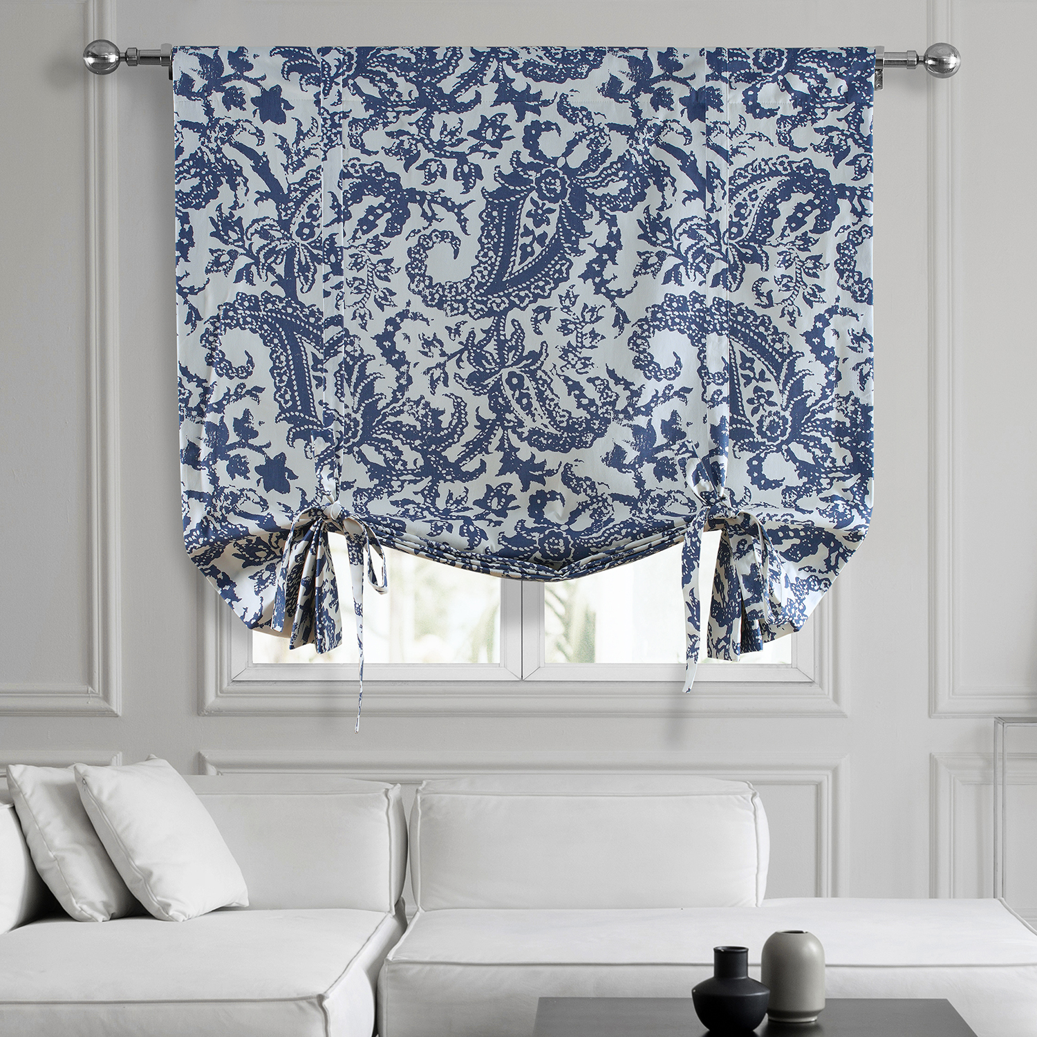 Edina Blue Printed Cotton Tie-Up Window Shade