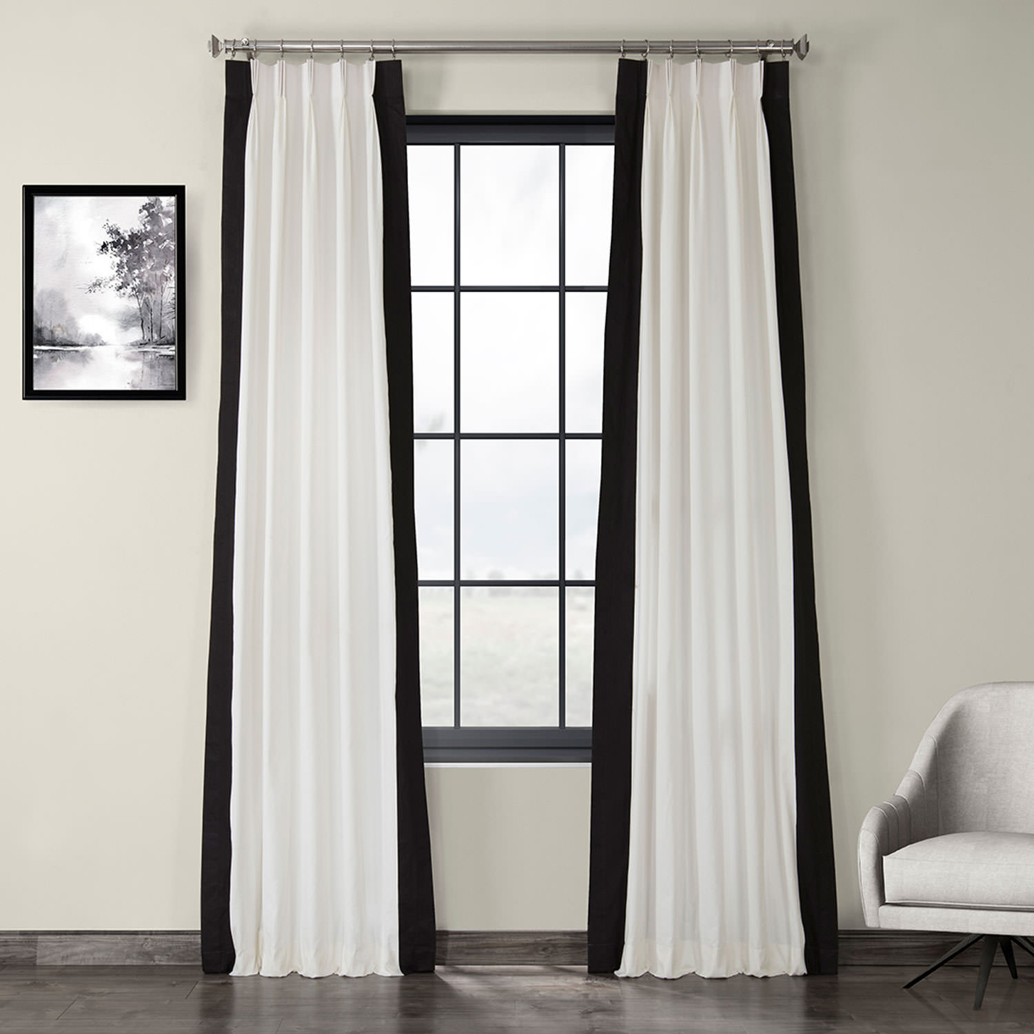 Fresh Popcorn and Black Pleated Vertical Colorblock Curtain