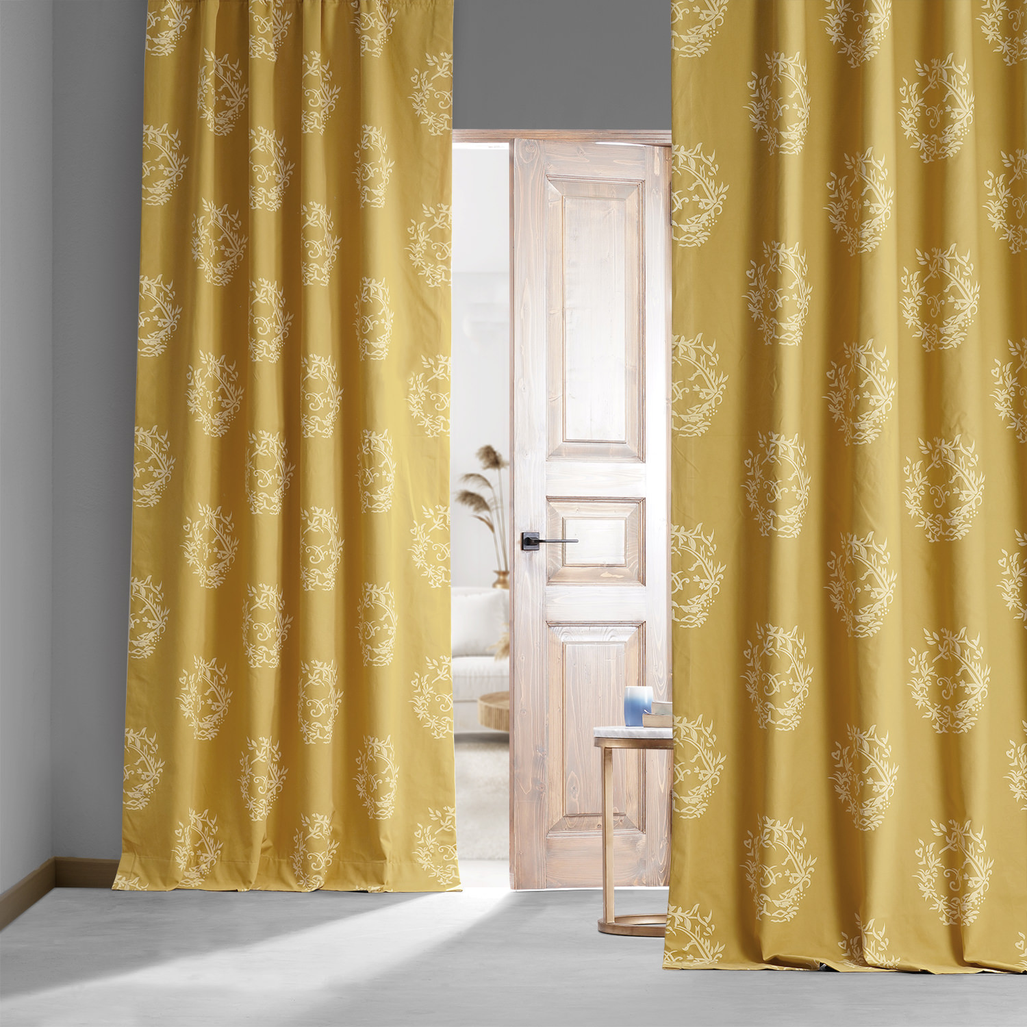 Isles Mustard Printed Cotton Hotel Blackout Curtain