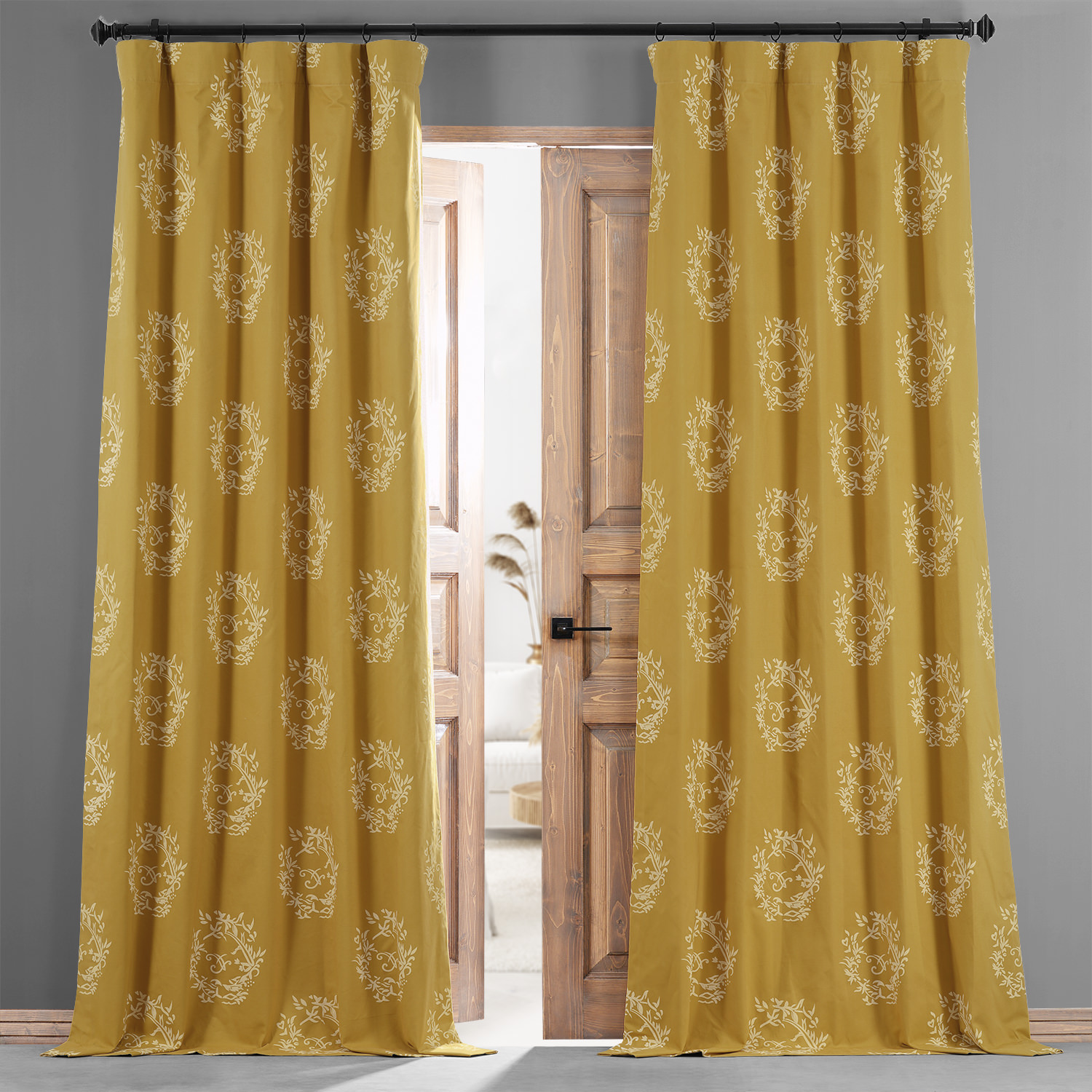 Isles Mustard Printed Cotton Hotel Blackout Curtain