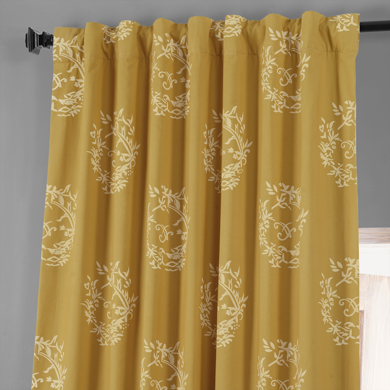 Isles Mustard Printed Cotton Hotel Blackout Curtain