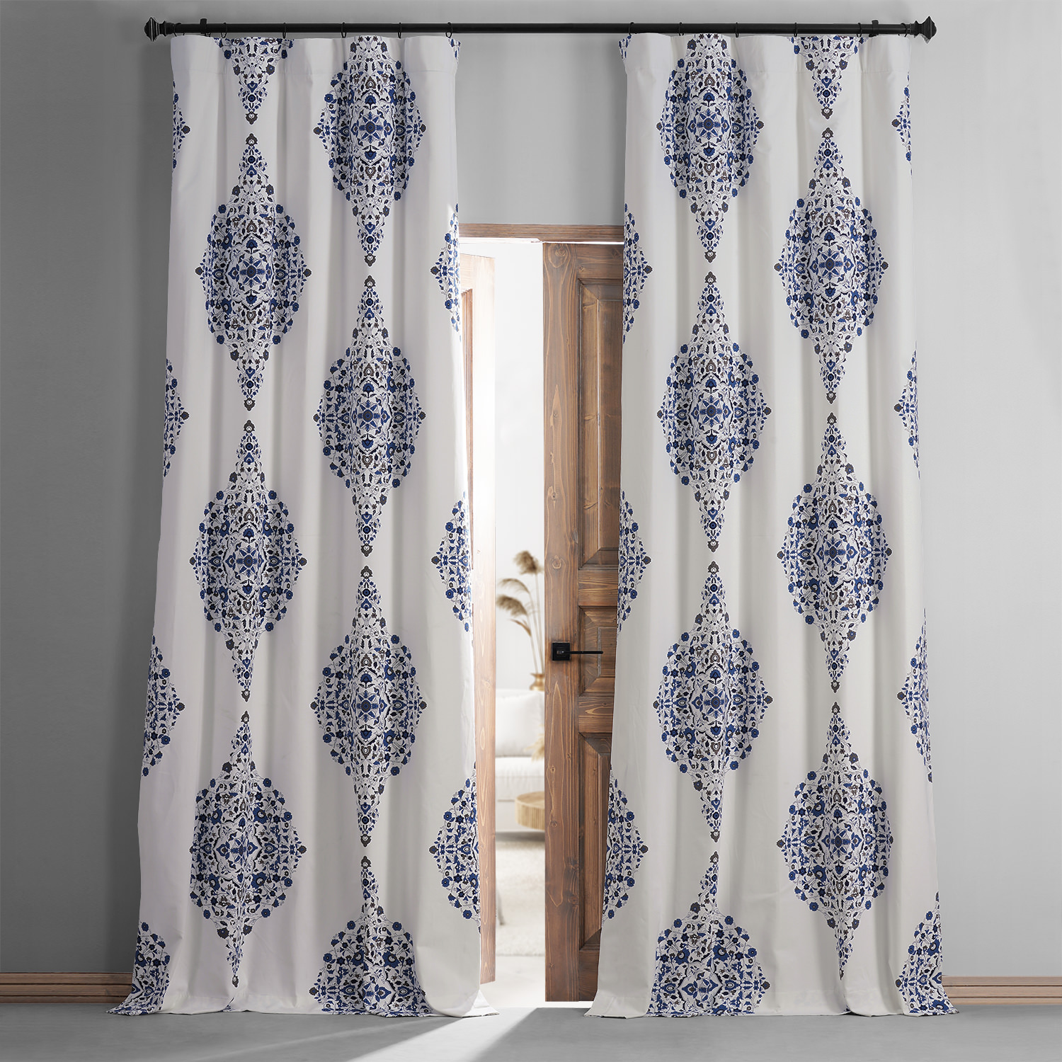 Kerala Blue Printed Cotton Hotel Blackout Curtain